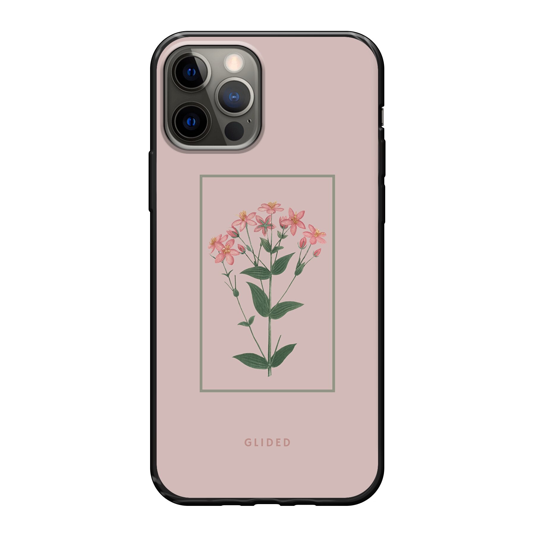 Blossy iPhone 12 Handyhülle mit rosafarbenen Blumen auf beigem Hintergrund, stilvoll und schützend.