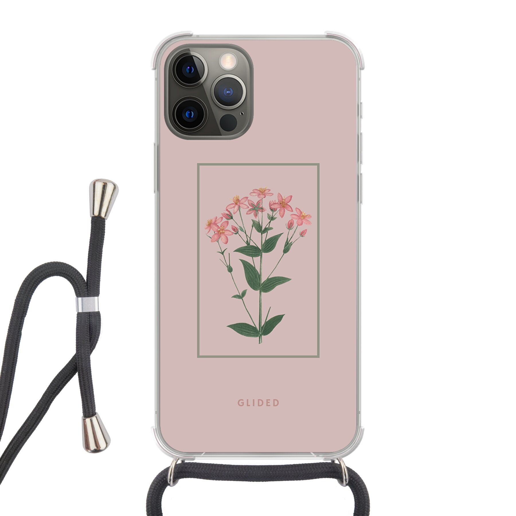 Blossy iPhone 12 Handyhülle mit rosafarbenen Blumen auf beigem Hintergrund, stilvoll und schützend.