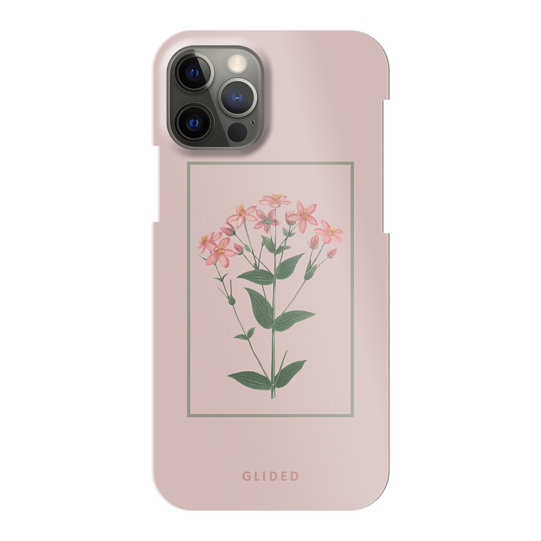 Blossy iPhone 12 Handyhülle mit rosafarbenen Blumen auf beigem Hintergrund, stilvoll und schützend.