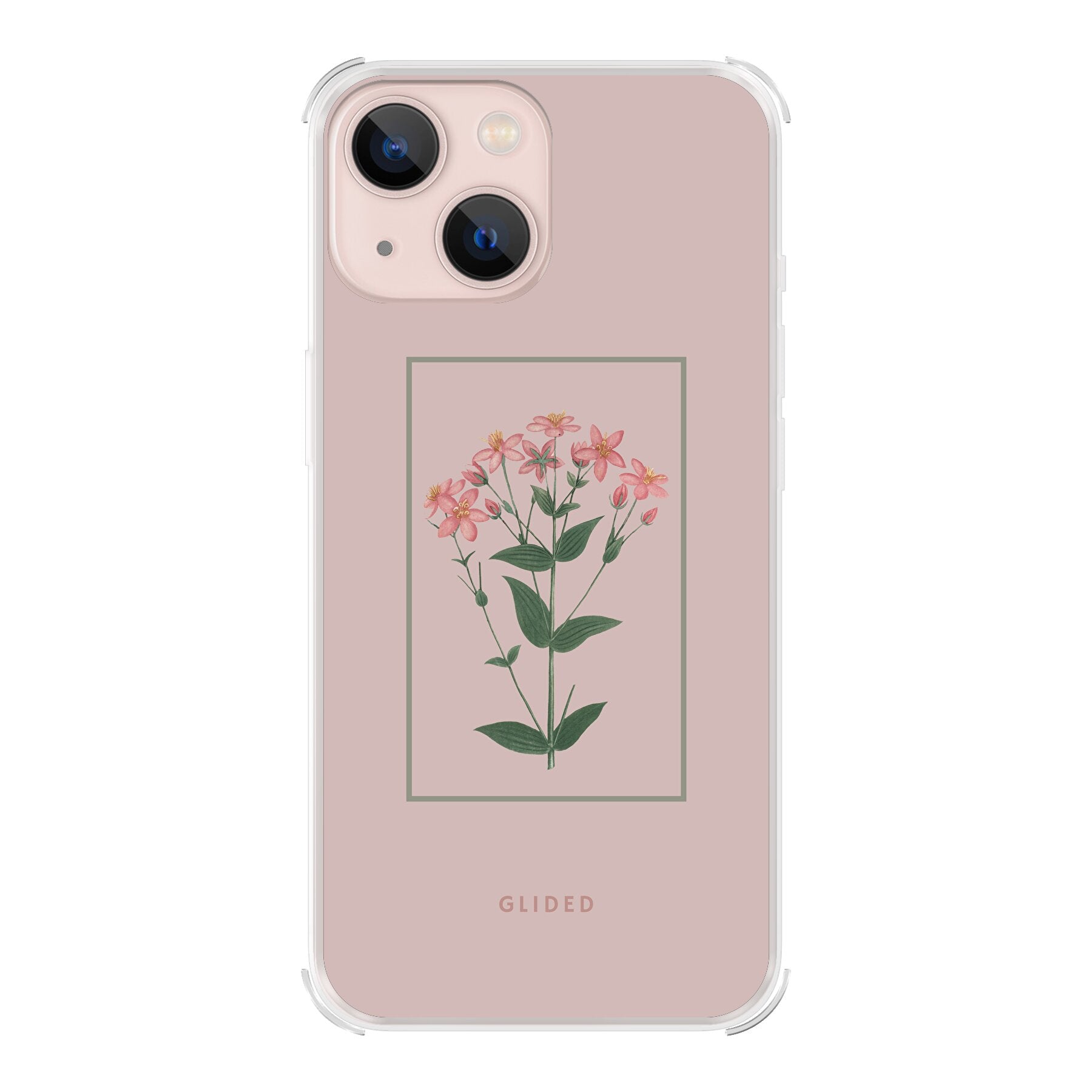 Blossy iPhone 13 mini Handyhülle mit rosane Blumen auf beigem Hintergrund, stilvoll und schützend.