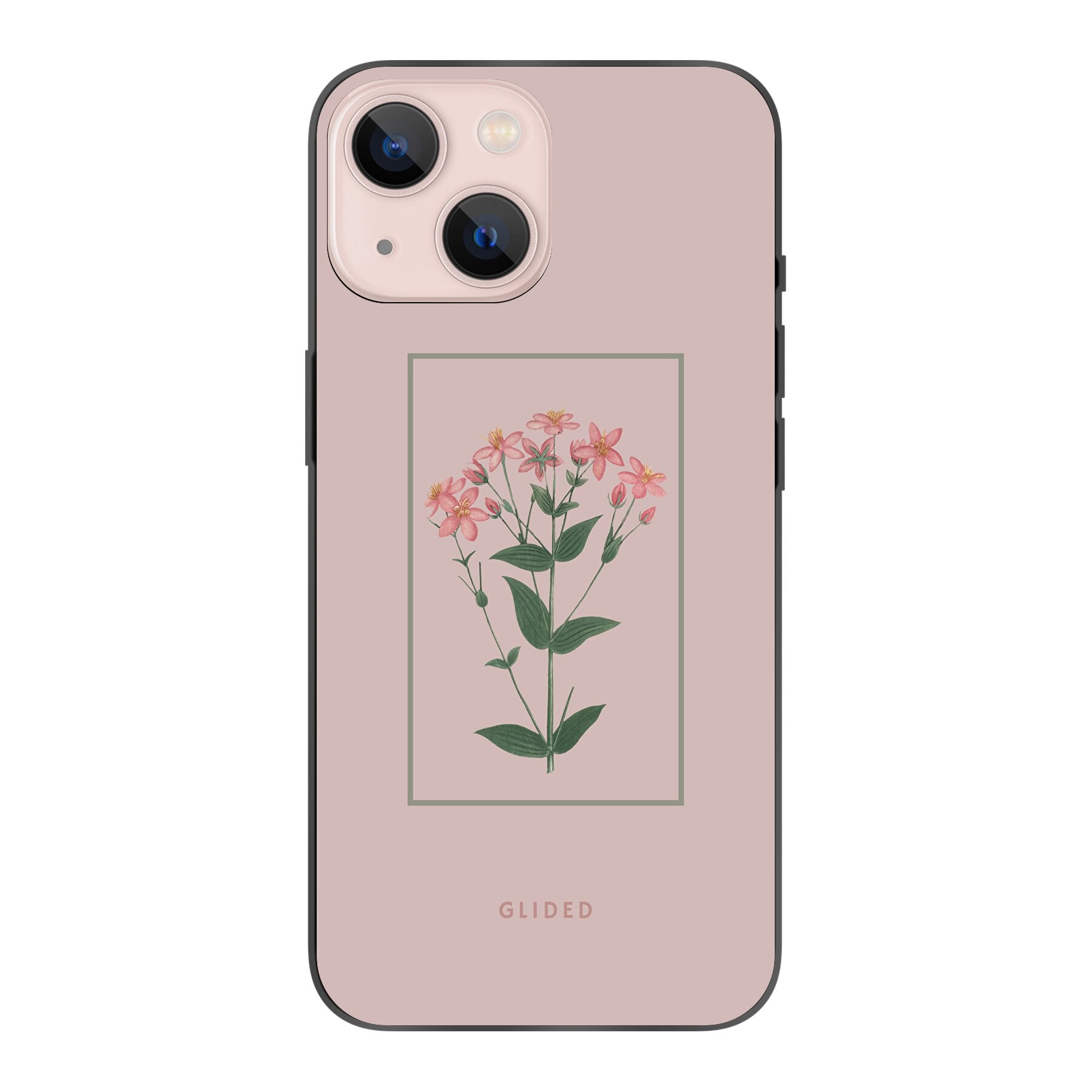 Blossy iPhone 13 mini Handyhülle mit rosane Blumen auf beigem Hintergrund, stilvoll und schützend.