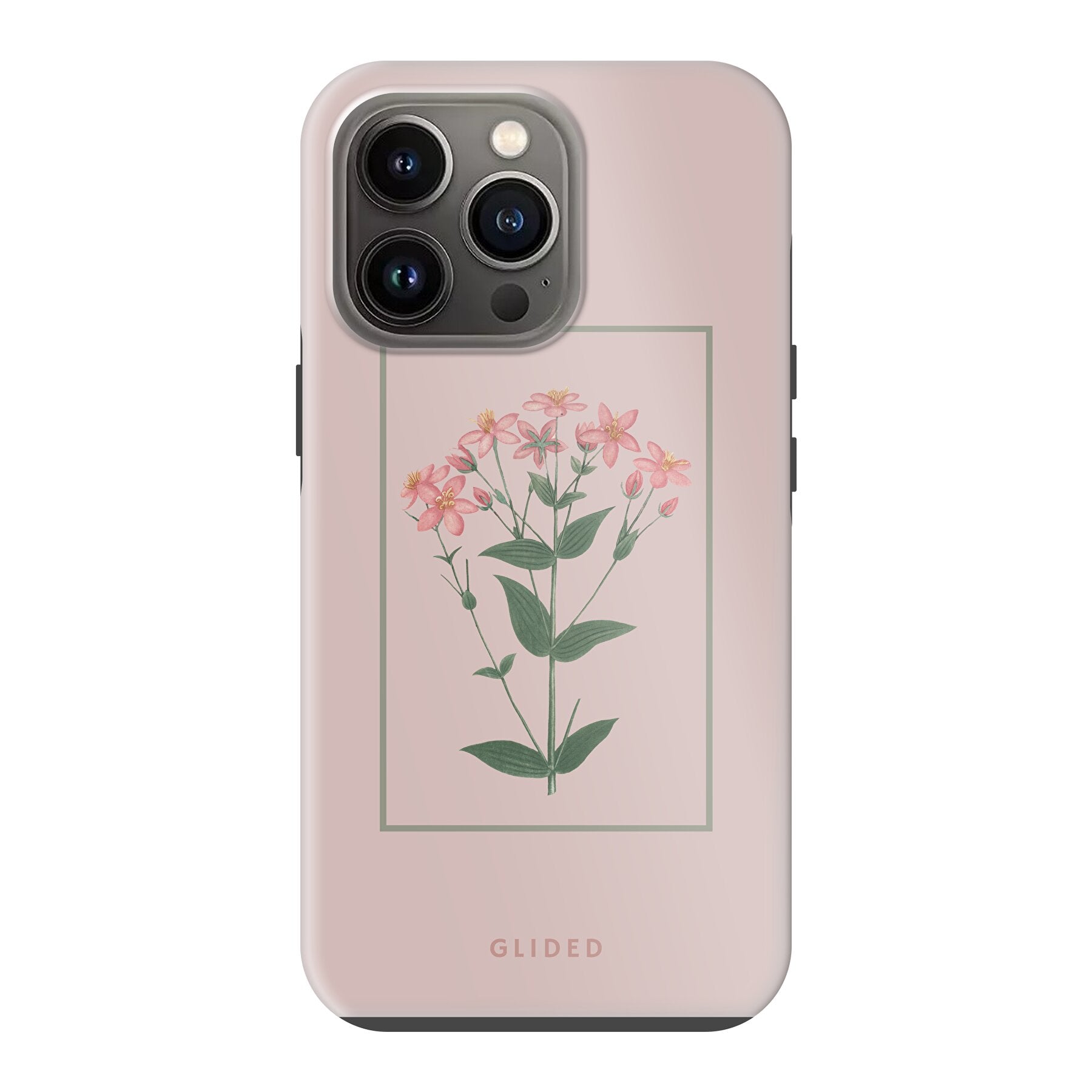 Blossy iPhone 13 Pro Handyhülle mit rosafarbenen Blumen auf beigem Hintergrund, stilvoll und schützend.