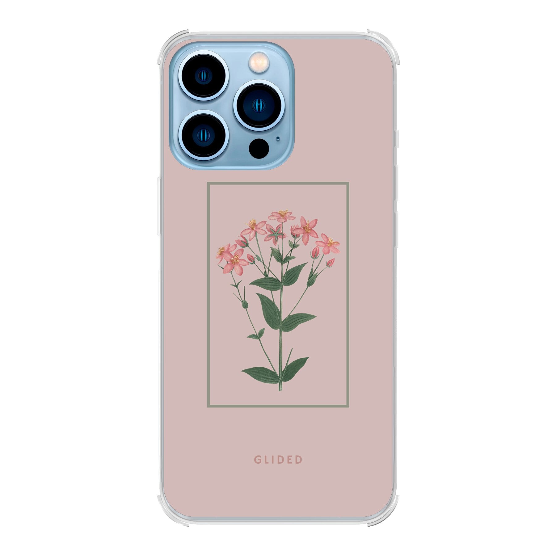 Blossy iPhone 13 Pro Handyhülle mit rosafarbenen Blumen auf beigem Hintergrund, stilvoll und schützend.