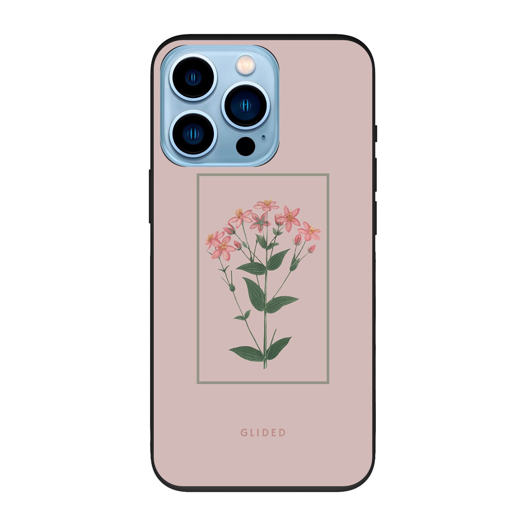 Blossy iPhone 13 Pro Handyhülle mit rosafarbenen Blumen auf beigem Hintergrund, stilvoll und schützend.