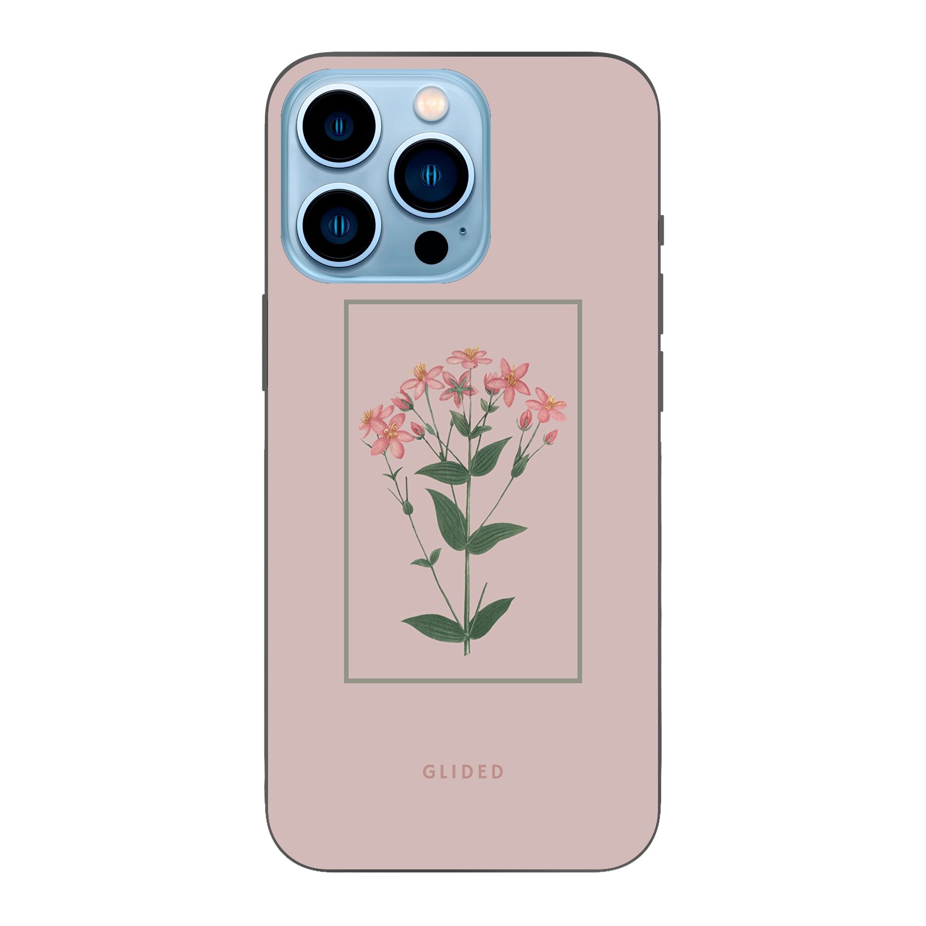 Blossy iPhone 13 Pro Handyhülle mit rosafarbenen Blumen auf beigem Hintergrund, stilvoll und schützend.