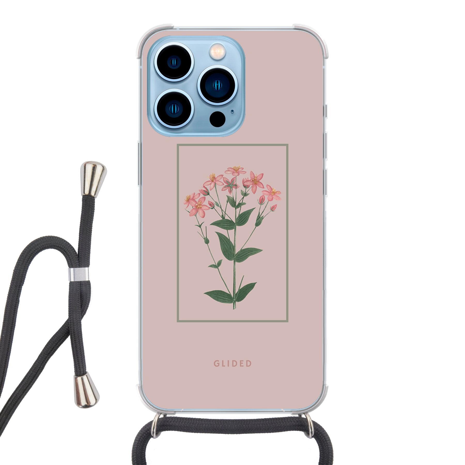 Blossy iPhone 13 Pro Handyhülle mit rosafarbenen Blumen auf beigem Hintergrund, stilvoll und schützend.