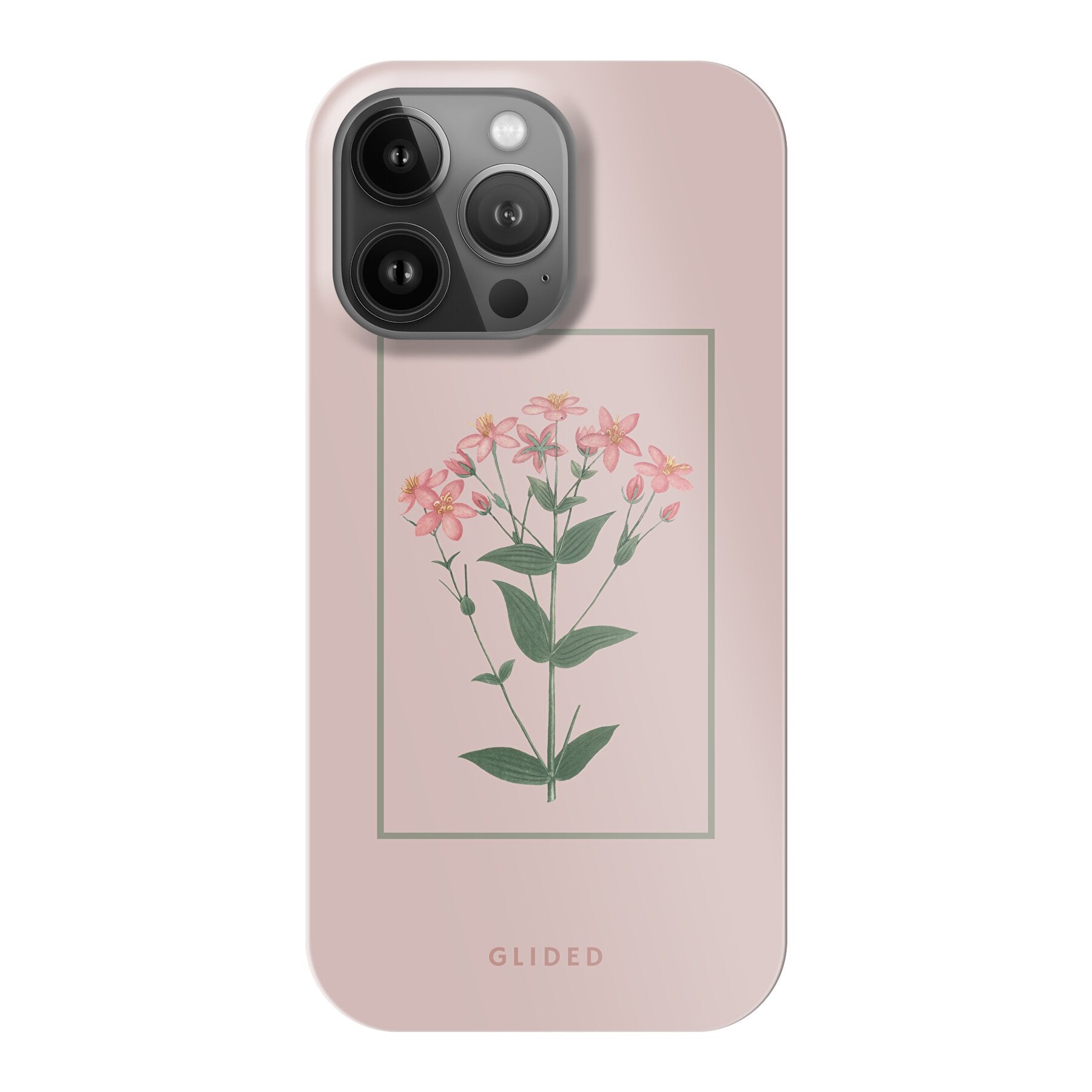 Blossy iPhone 13 Pro Handyhülle mit rosafarbenen Blumen auf beigem Hintergrund, stilvoll und schützend.