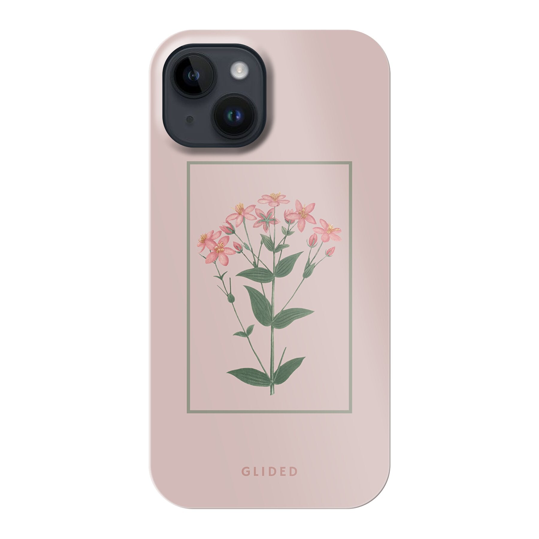 Blossy iPhone 14 Handyhülle mit rosafarbenen Blumen auf beigem Hintergrund, stilvoll und schützend.