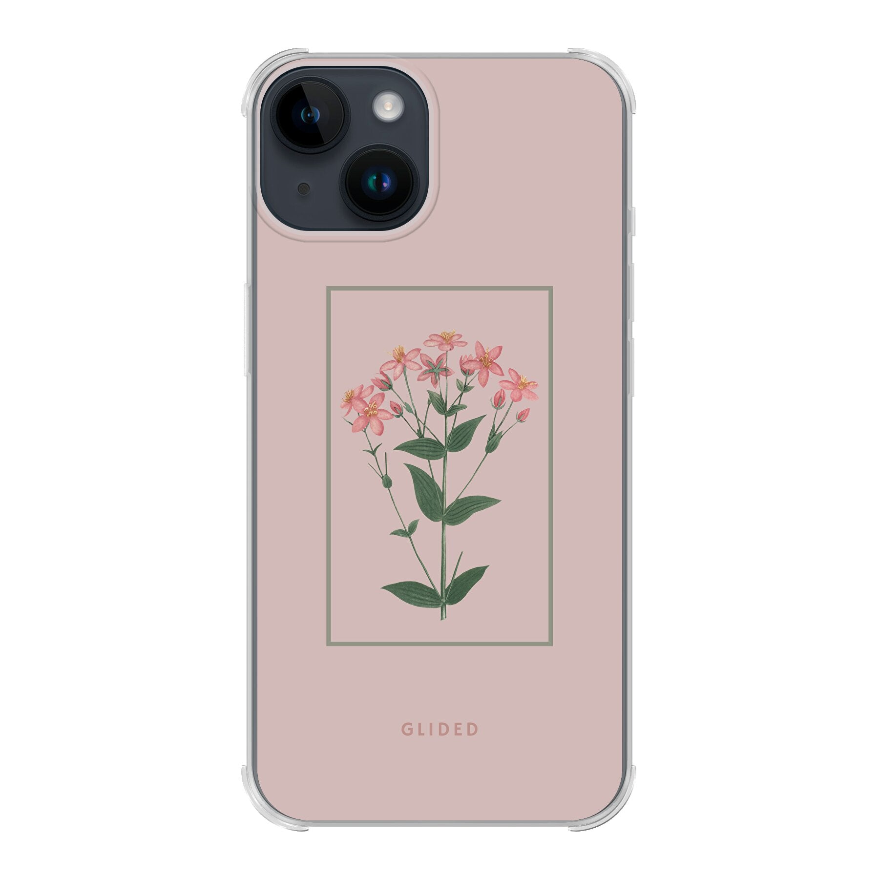 Blossy iPhone 14 Handyhülle mit rosafarbenen Blumen auf beigem Hintergrund, stilvoll und schützend.