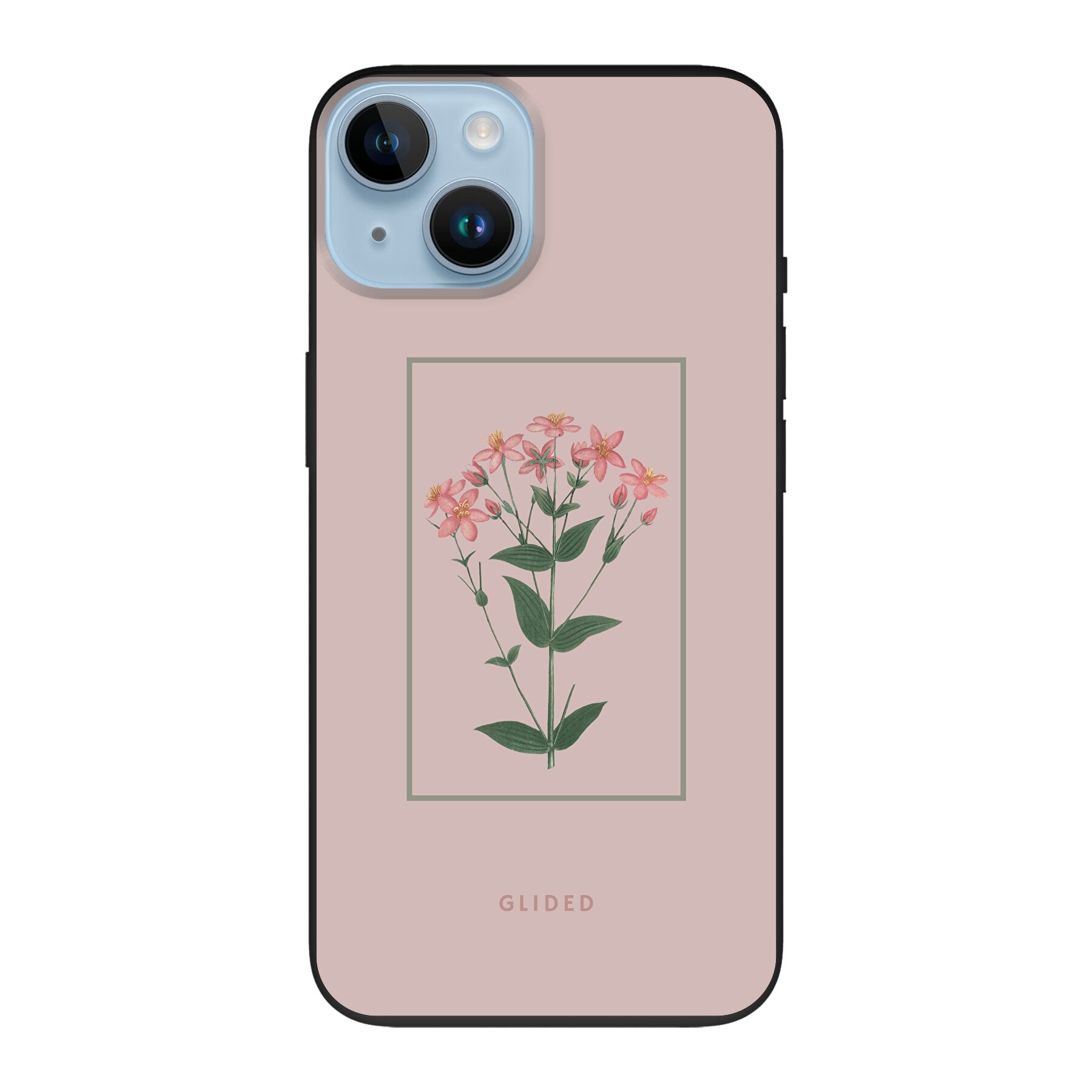 Blossy iPhone 14 Handyhülle mit rosafarbenen Blumen auf beigem Hintergrund, stilvoll und schützend.