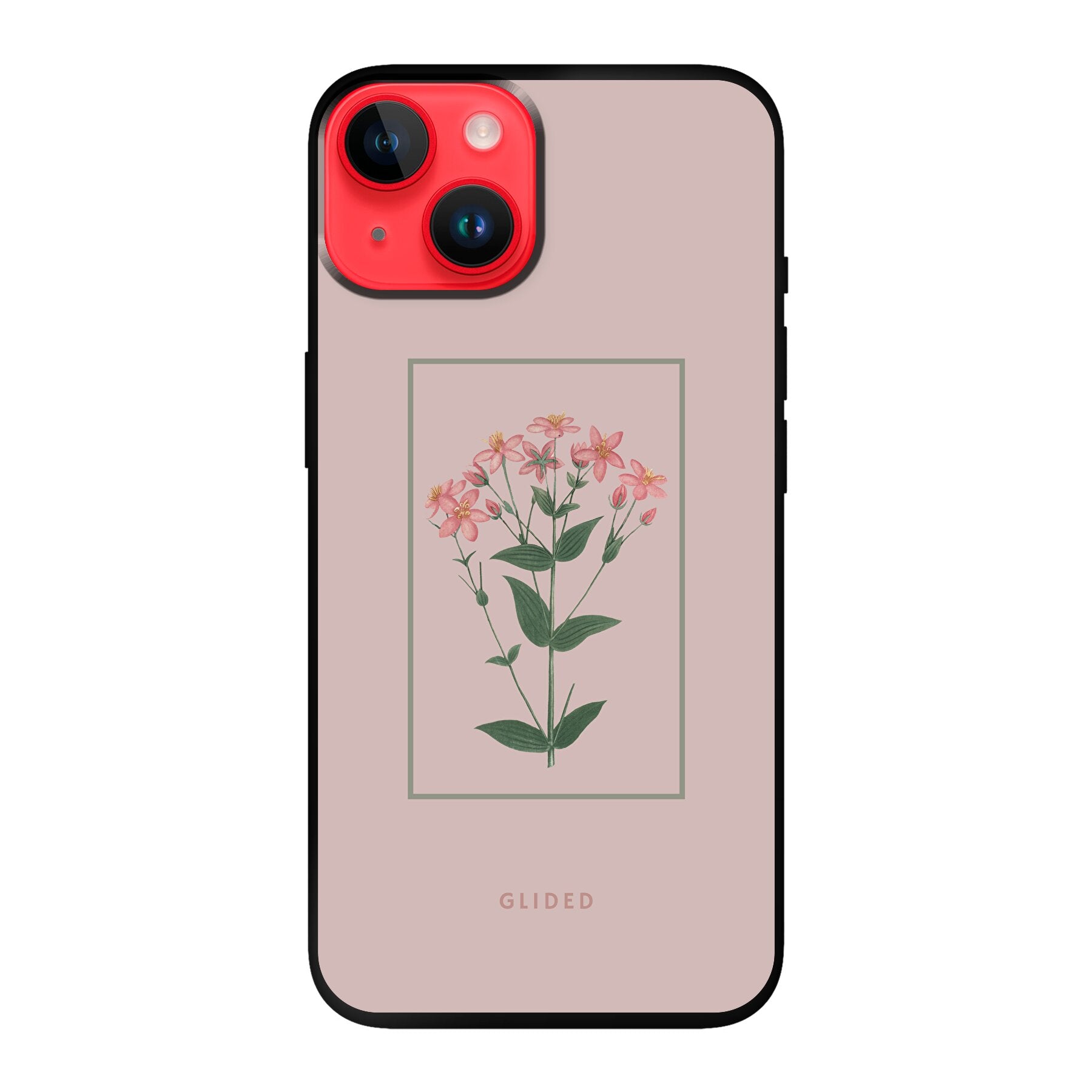 Blossy iPhone 14 Handyhülle mit rosafarbenen Blumen auf beigem Hintergrund, stilvoll und schützend.