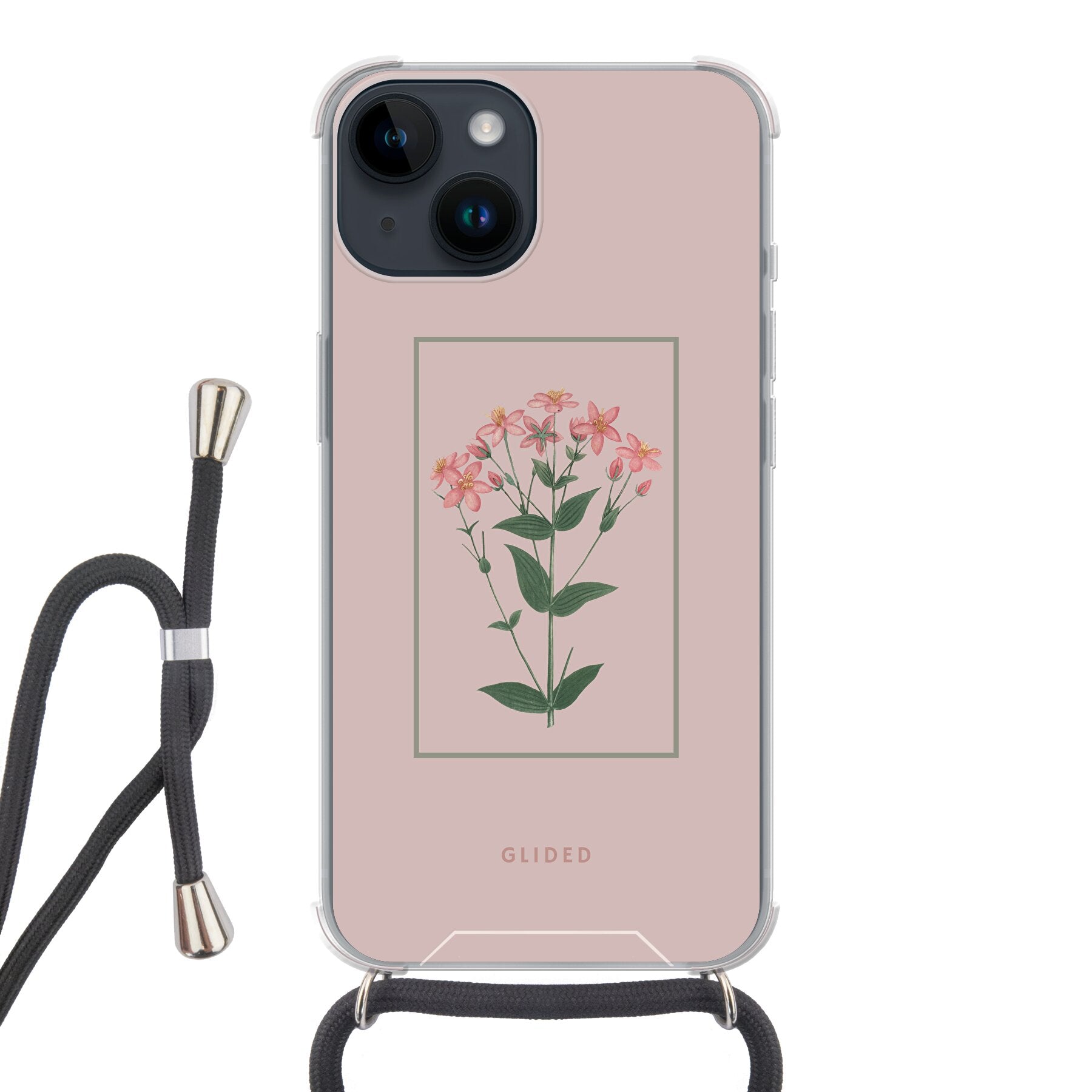 Blossy iPhone 14 Handyhülle mit rosafarbenen Blumen auf beigem Hintergrund, stilvoll und schützend.