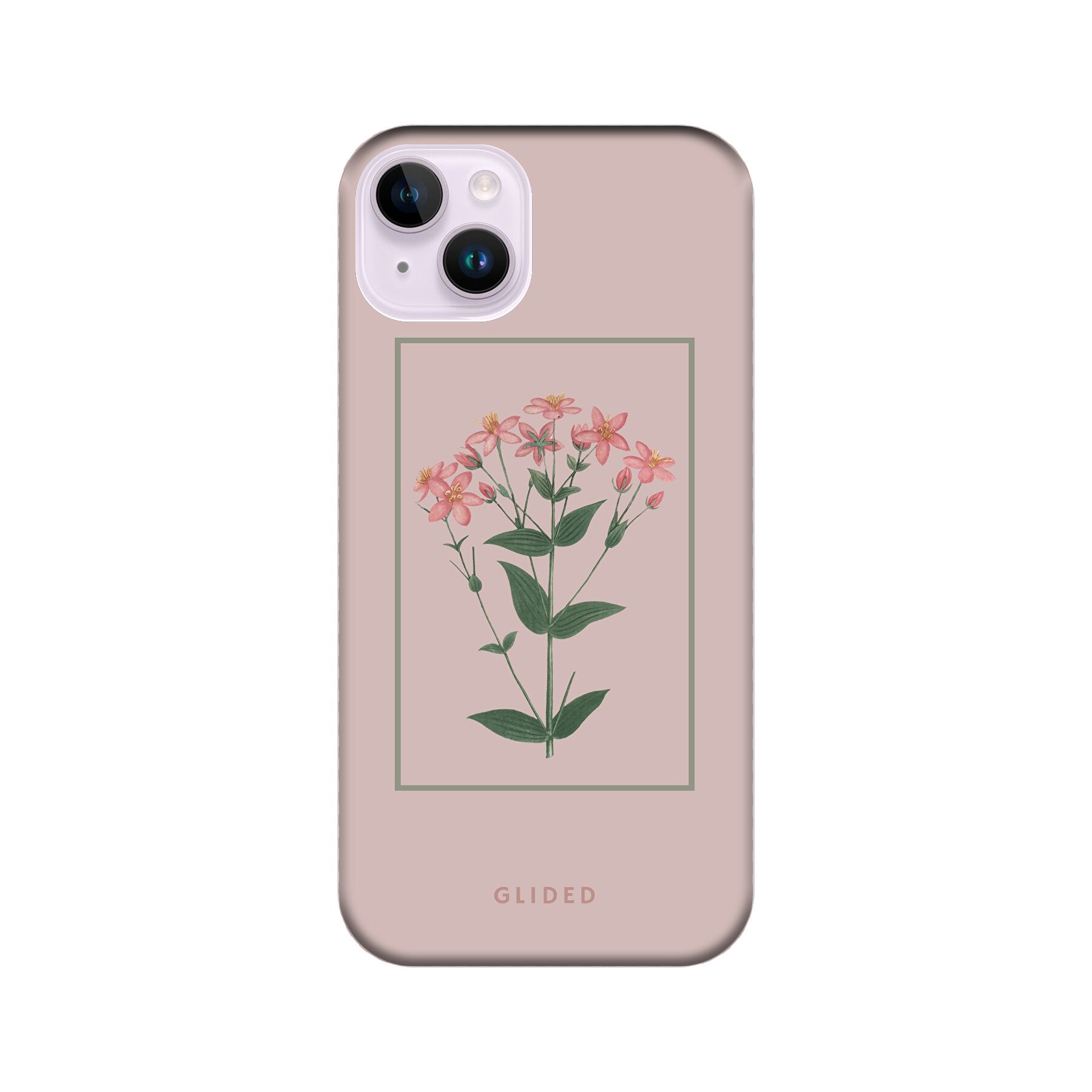 Blossy iPhone 14 Plus Handyhülle mit rosafarbenen Blumen auf beigem Hintergrund, stilvoll und schützend.