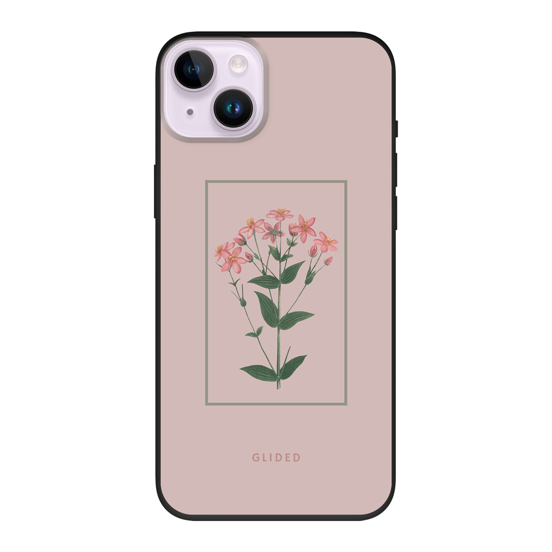 Blossy iPhone 14 Plus Handyhülle mit rosafarbenen Blumen auf beigem Hintergrund, stilvoll und schützend.