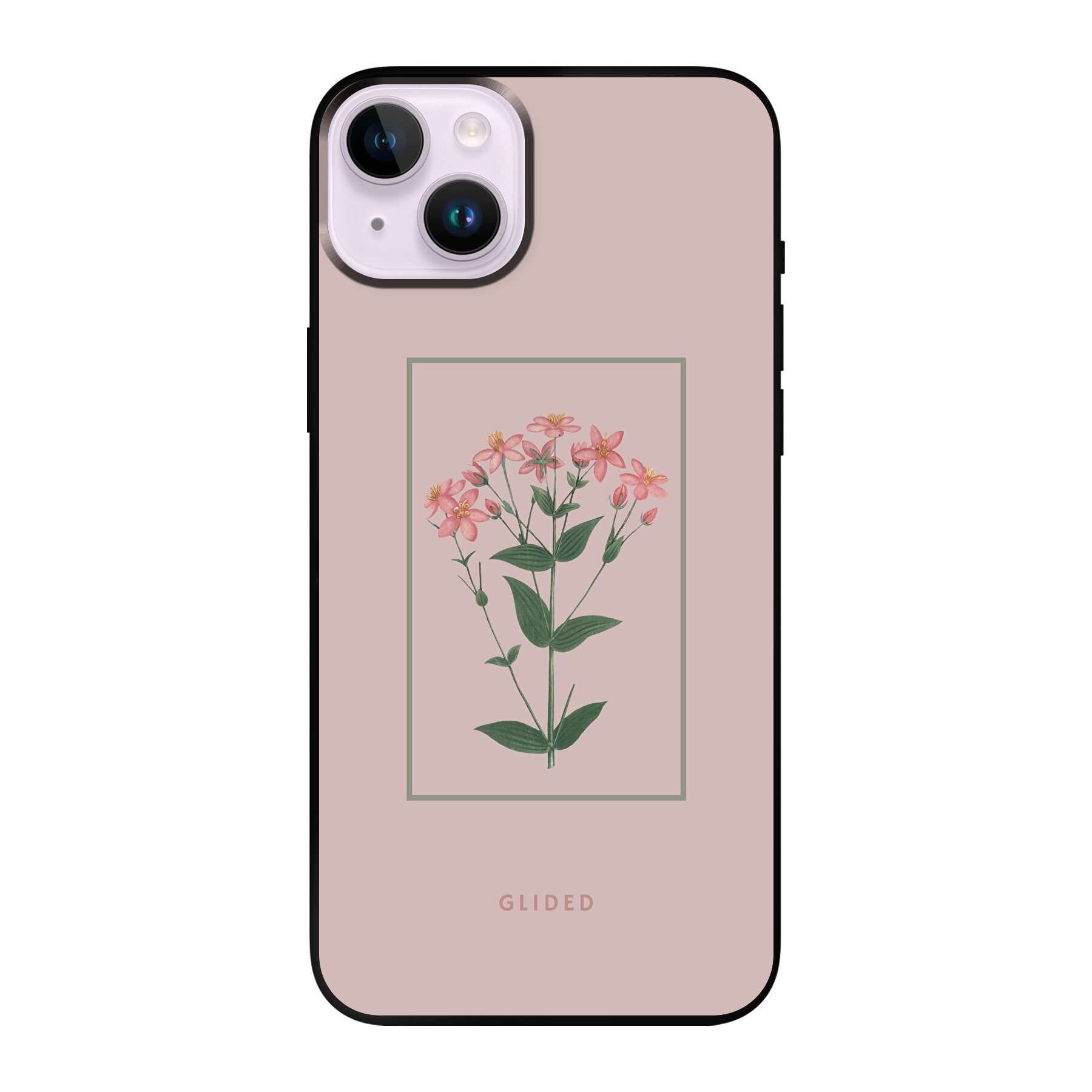 Blossy iPhone 14 Plus Handyhülle mit rosafarbenen Blumen auf beigem Hintergrund, stilvoll und schützend.