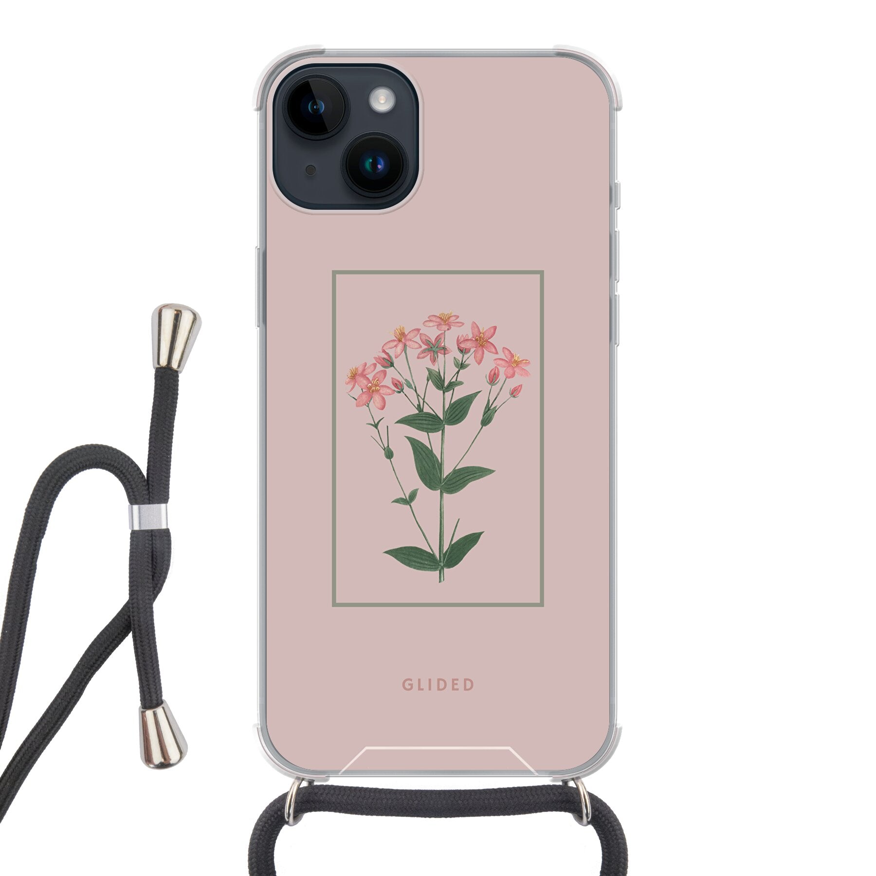 Blossy iPhone 14 Plus Handyhülle mit rosafarbenen Blumen auf beigem Hintergrund, stilvoll und schützend.