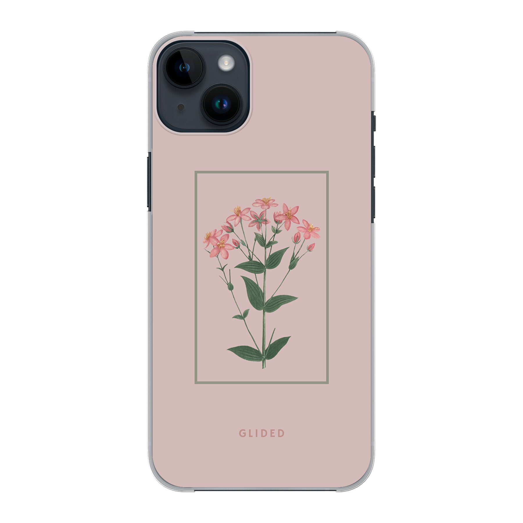 Blossy iPhone 14 Plus Handyhülle mit rosafarbenen Blumen auf beigem Hintergrund, stilvoll und schützend.