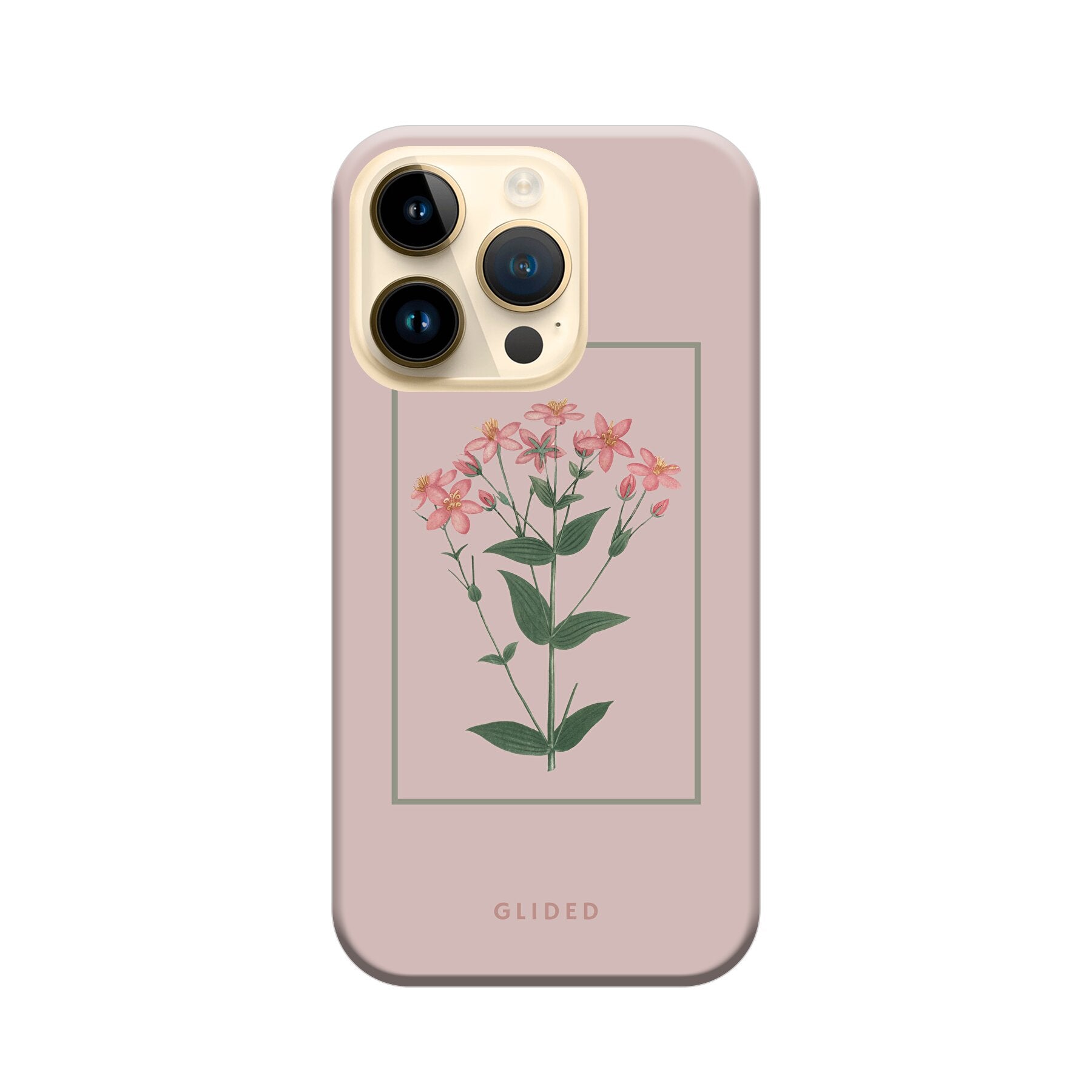 Blossy iPhone 14 Pro Handyhülle mit rosane Blumen auf beigem Hintergrund, stilvoll und schützend.