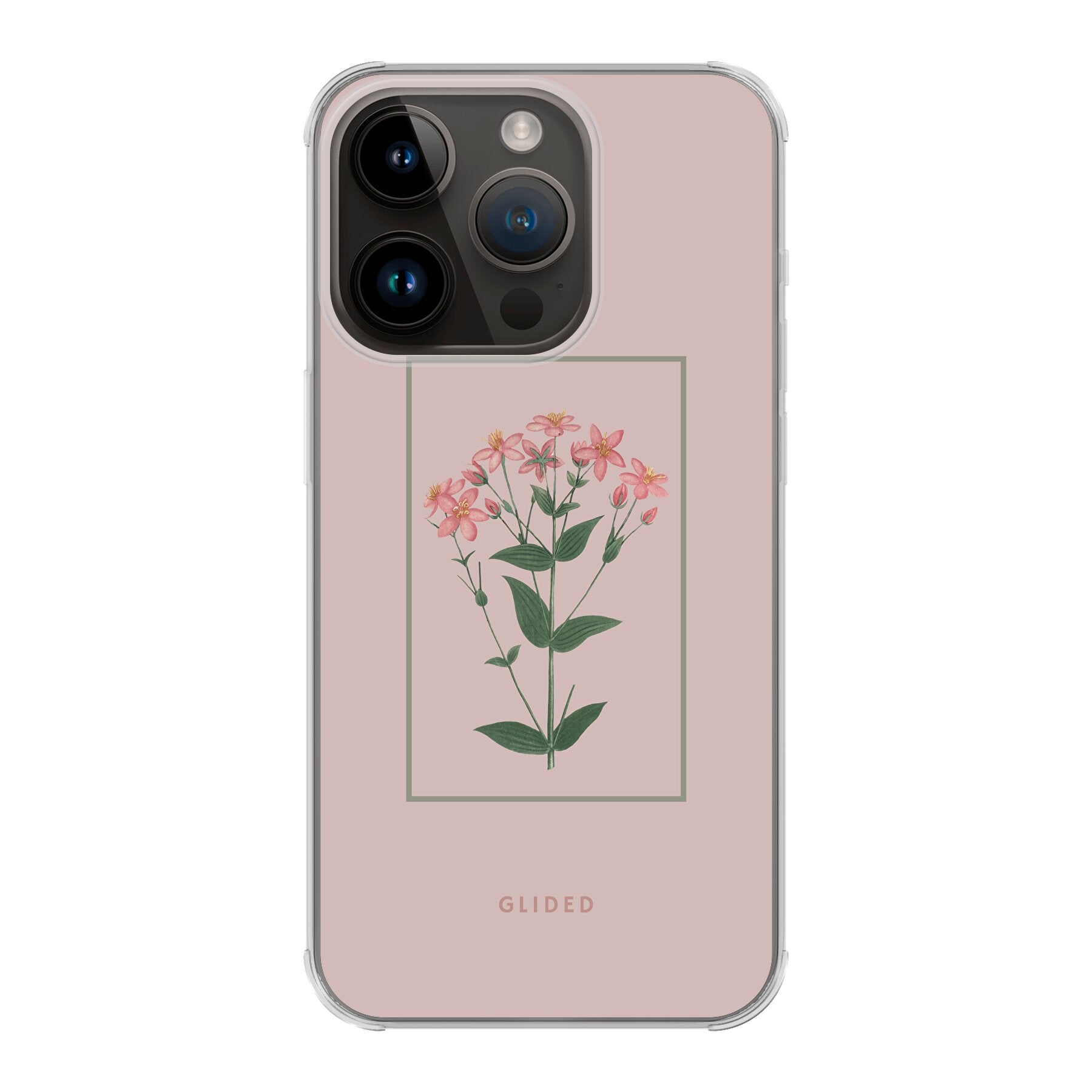 Blossy iPhone 14 Pro Handyhülle mit rosane Blumen auf beigem Hintergrund, stilvoll und schützend.