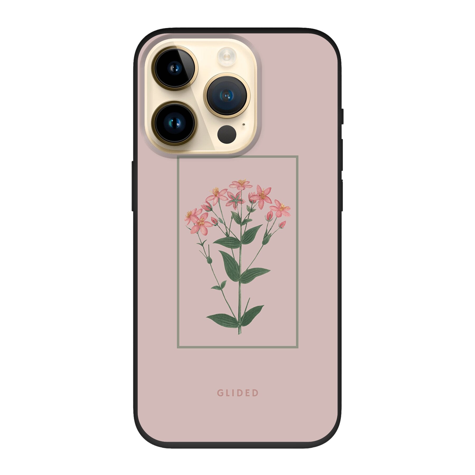 Blossy iPhone 14 Pro Handyhülle mit rosane Blumen auf beigem Hintergrund, stilvoll und schützend.