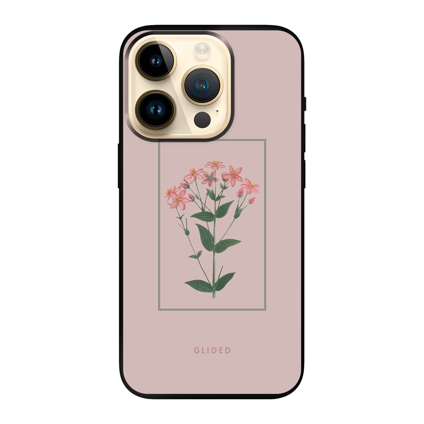 Blossy iPhone 14 Pro Handyhülle mit rosane Blumen auf beigem Hintergrund, stilvoll und schützend.