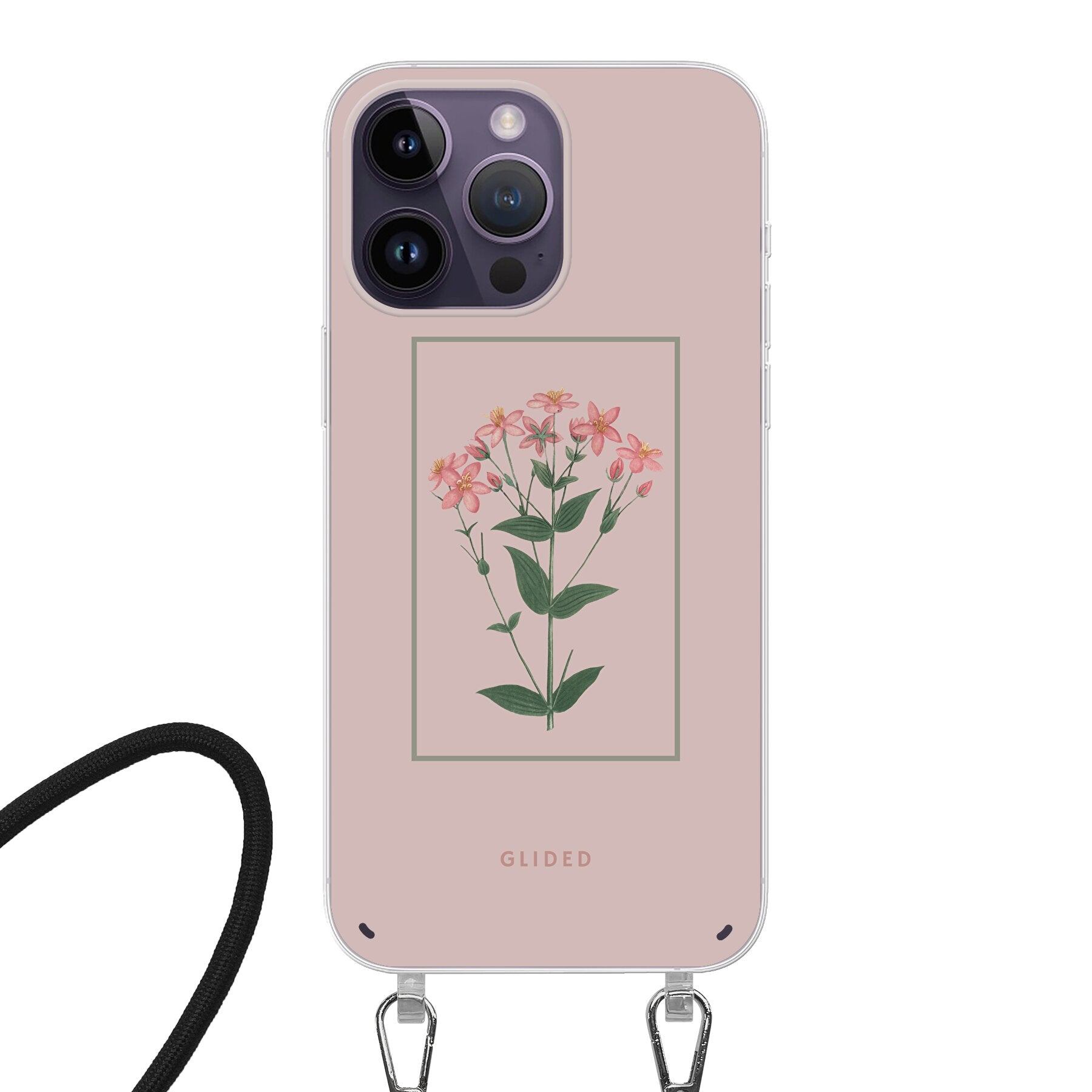 Blossy iPhone 14 Pro Handyhülle mit rosane Blumen auf beigem Hintergrund, stilvoll und schützend.