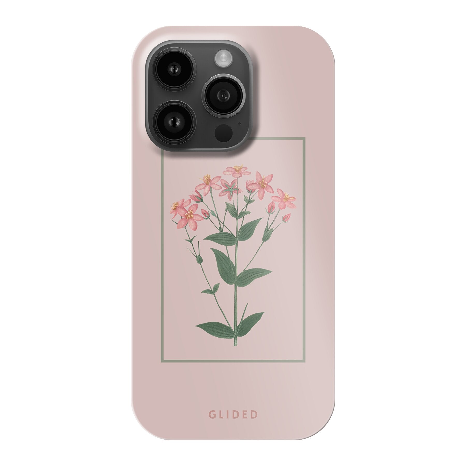 Blossy iPhone 14 Pro Handyhülle mit rosane Blumen auf beigem Hintergrund, stilvoll und schützend.