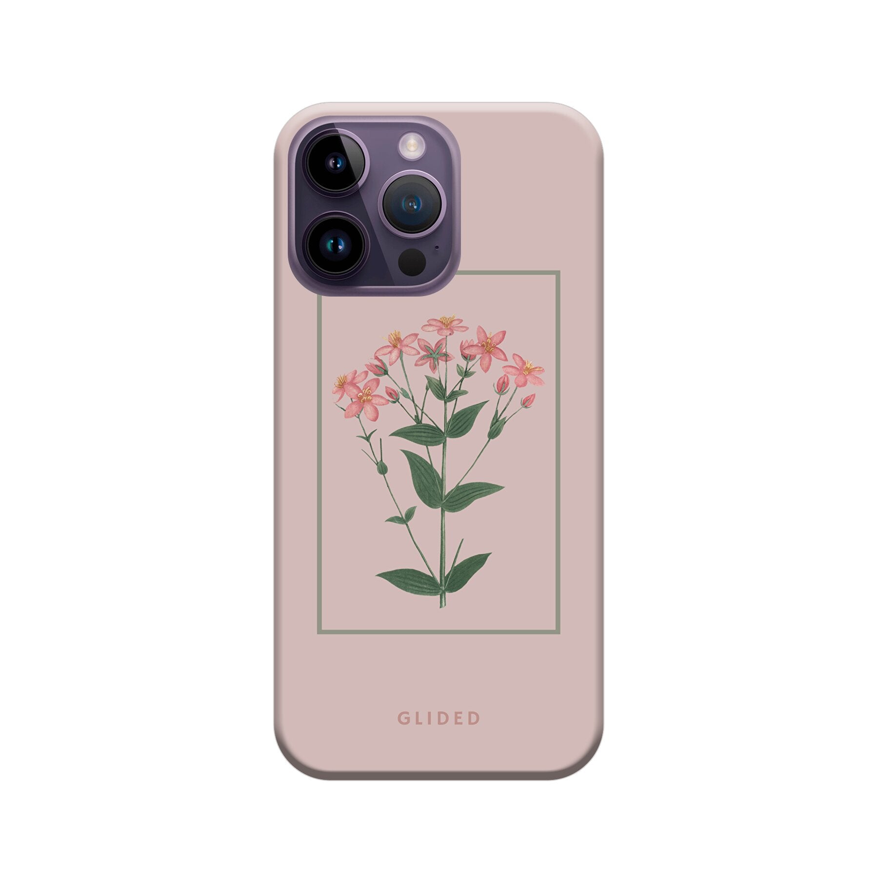 Blossy iPhone 14 Pro Max Handyhülle mit rosafarbenen Blumen auf beigem Hintergrund, stilvoll und schützend.