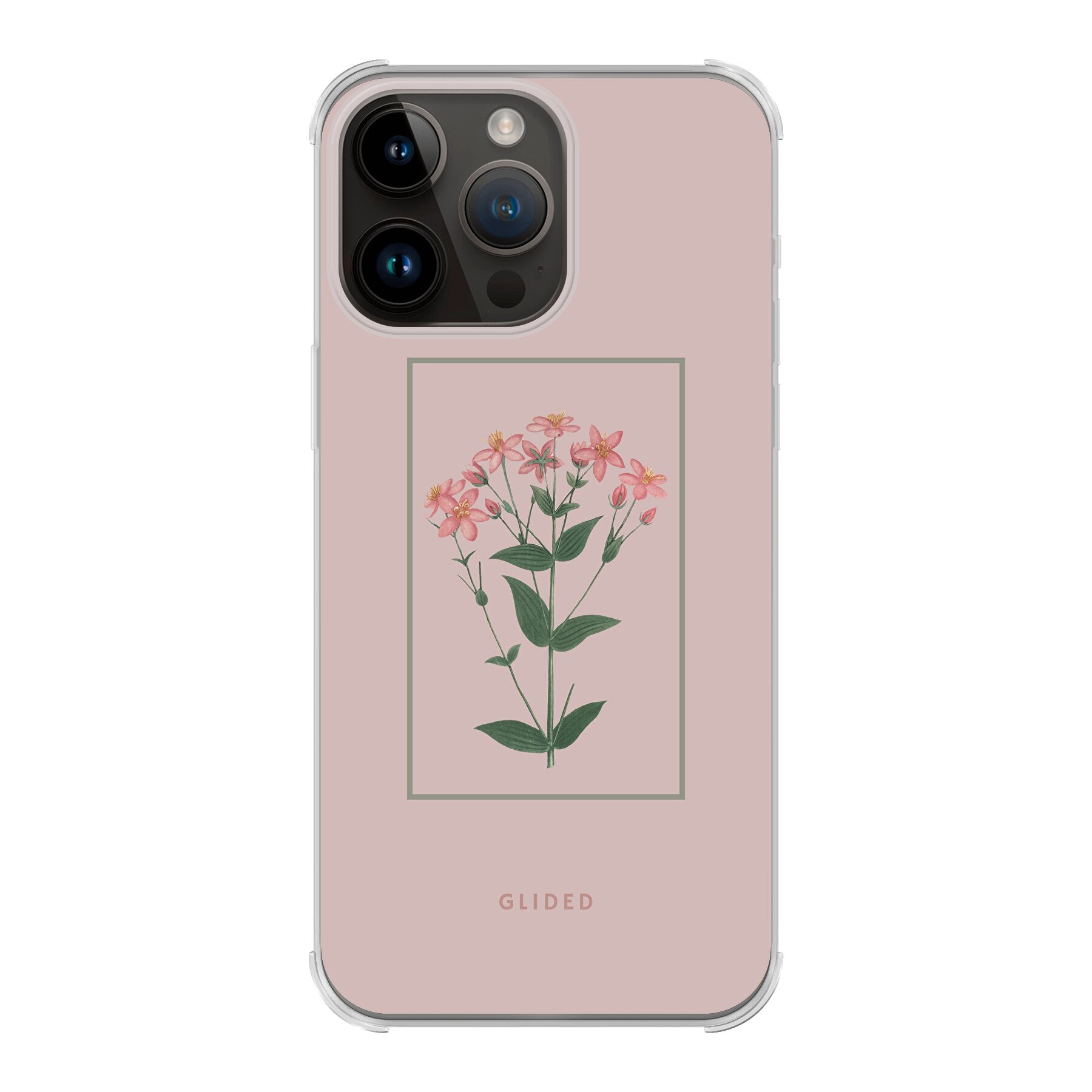 Blossy iPhone 14 Pro Max Handyhülle mit rosafarbenen Blumen auf beigem Hintergrund, stilvoll und schützend.