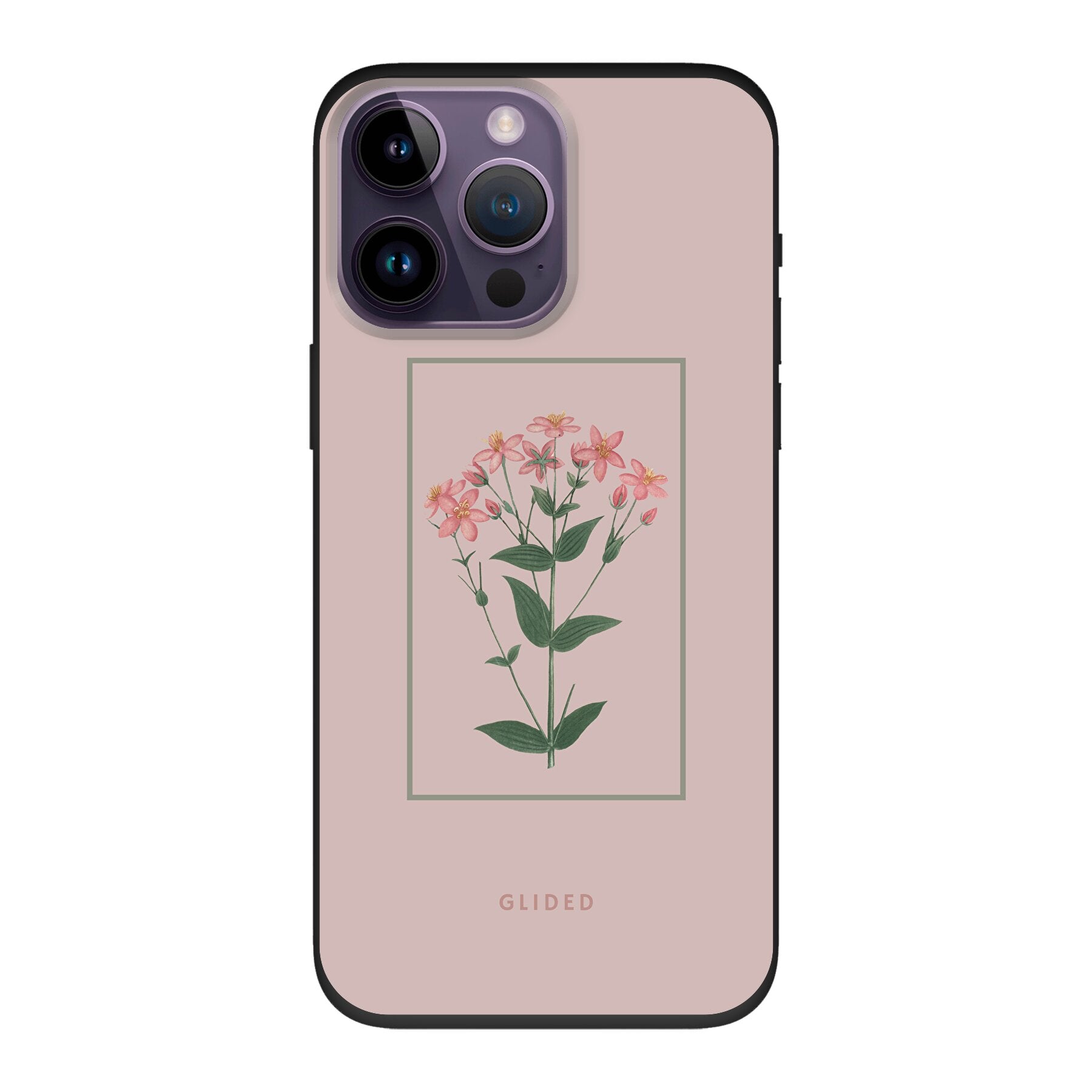 Blossy iPhone 14 Pro Max Handyhülle mit rosafarbenen Blumen auf beigem Hintergrund, stilvoll und schützend.