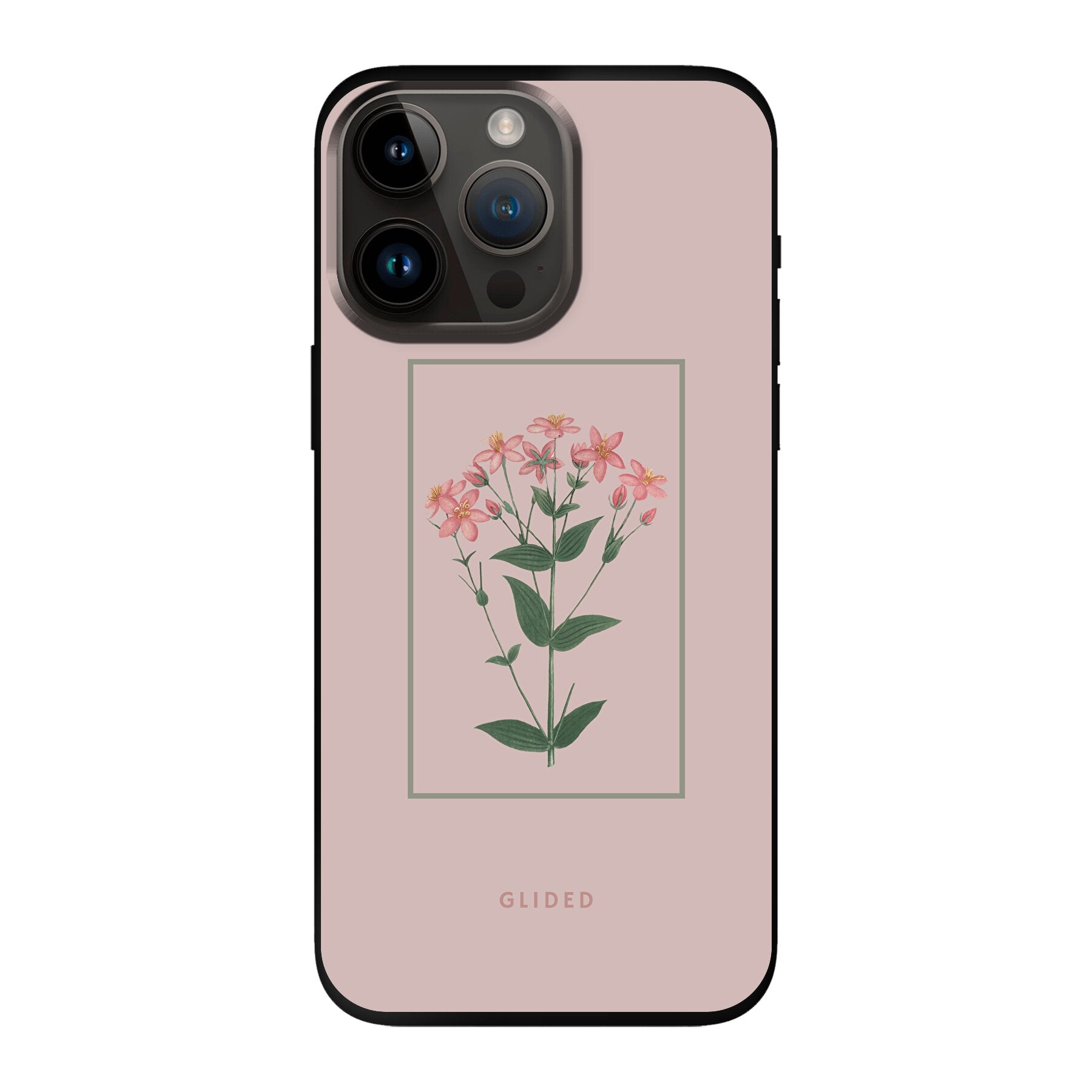 Blossy iPhone 14 Pro Max Handyhülle mit rosafarbenen Blumen auf beigem Hintergrund, stilvoll und schützend.