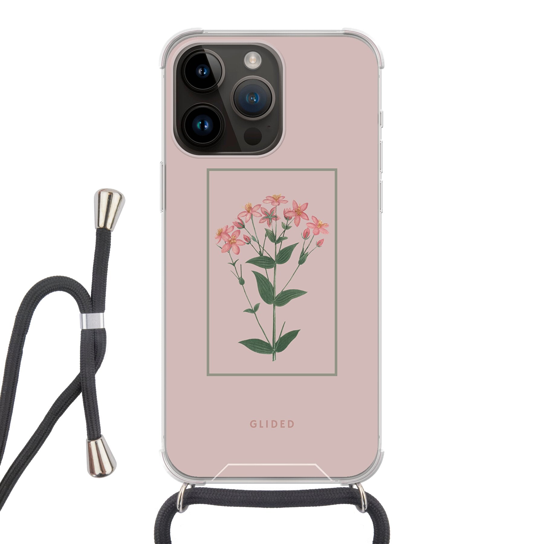 Blossy iPhone 14 Pro Max Handyhülle mit rosafarbenen Blumen auf beigem Hintergrund, stilvoll und schützend.