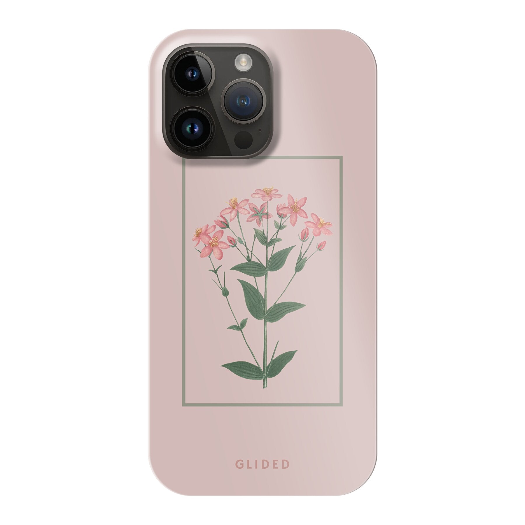 Blossy iPhone 14 Pro Max Handyhülle mit rosafarbenen Blumen auf beigem Hintergrund, stilvoll und schützend.