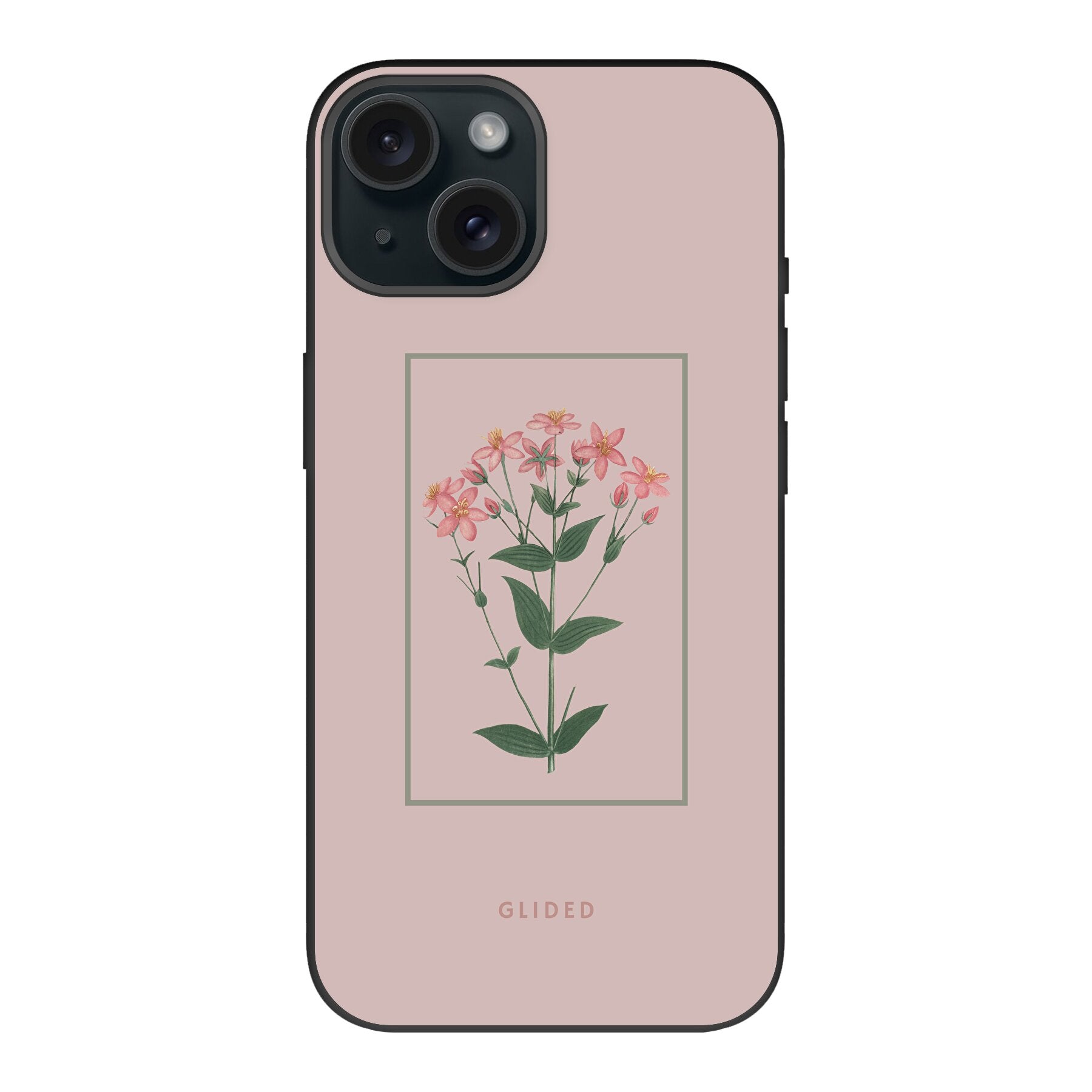 Blossy iPhone 15 Handyhülle mit rosafarbenen Blumen auf beigem Hintergrund, stilvoll und schützend.