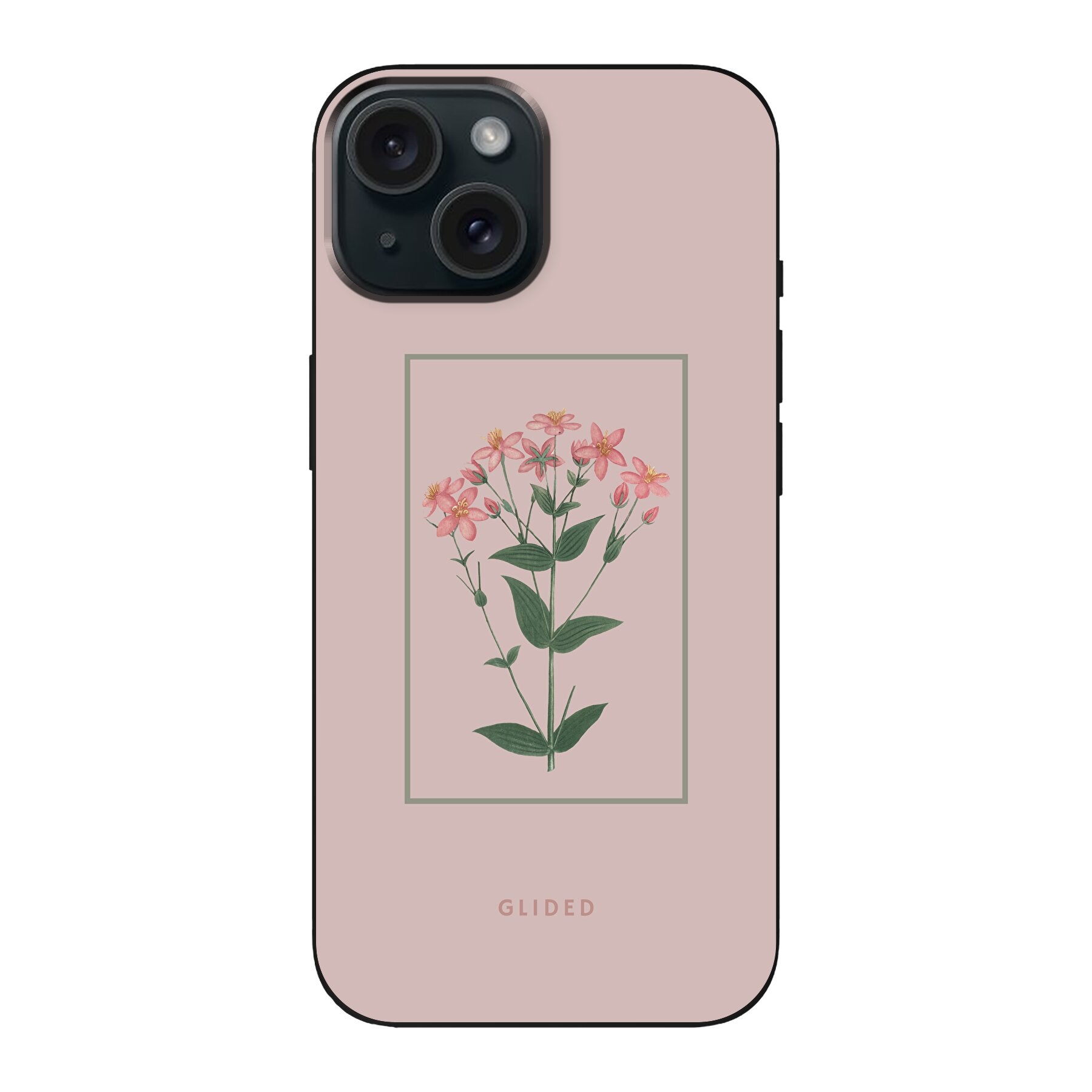 Blossy iPhone 15 Handyhülle mit rosafarbenen Blumen auf beigem Hintergrund, stilvoll und schützend.