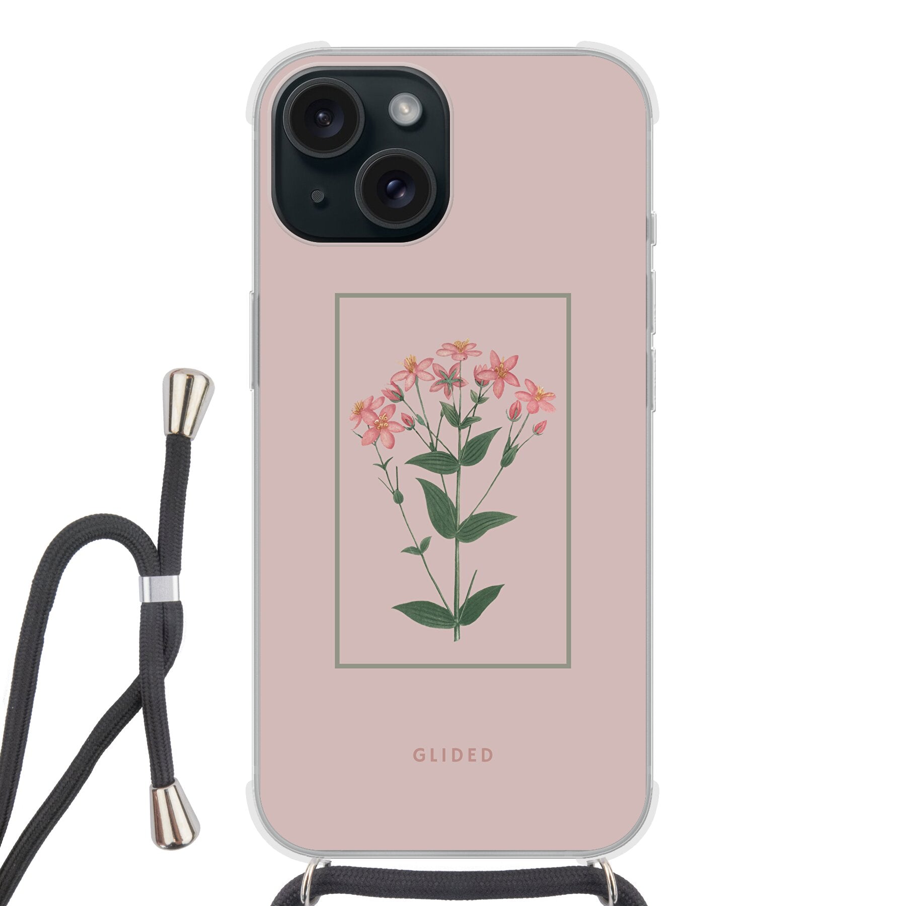 Blossy iPhone 15 Handyhülle mit rosafarbenen Blumen auf beigem Hintergrund, stilvoll und schützend.