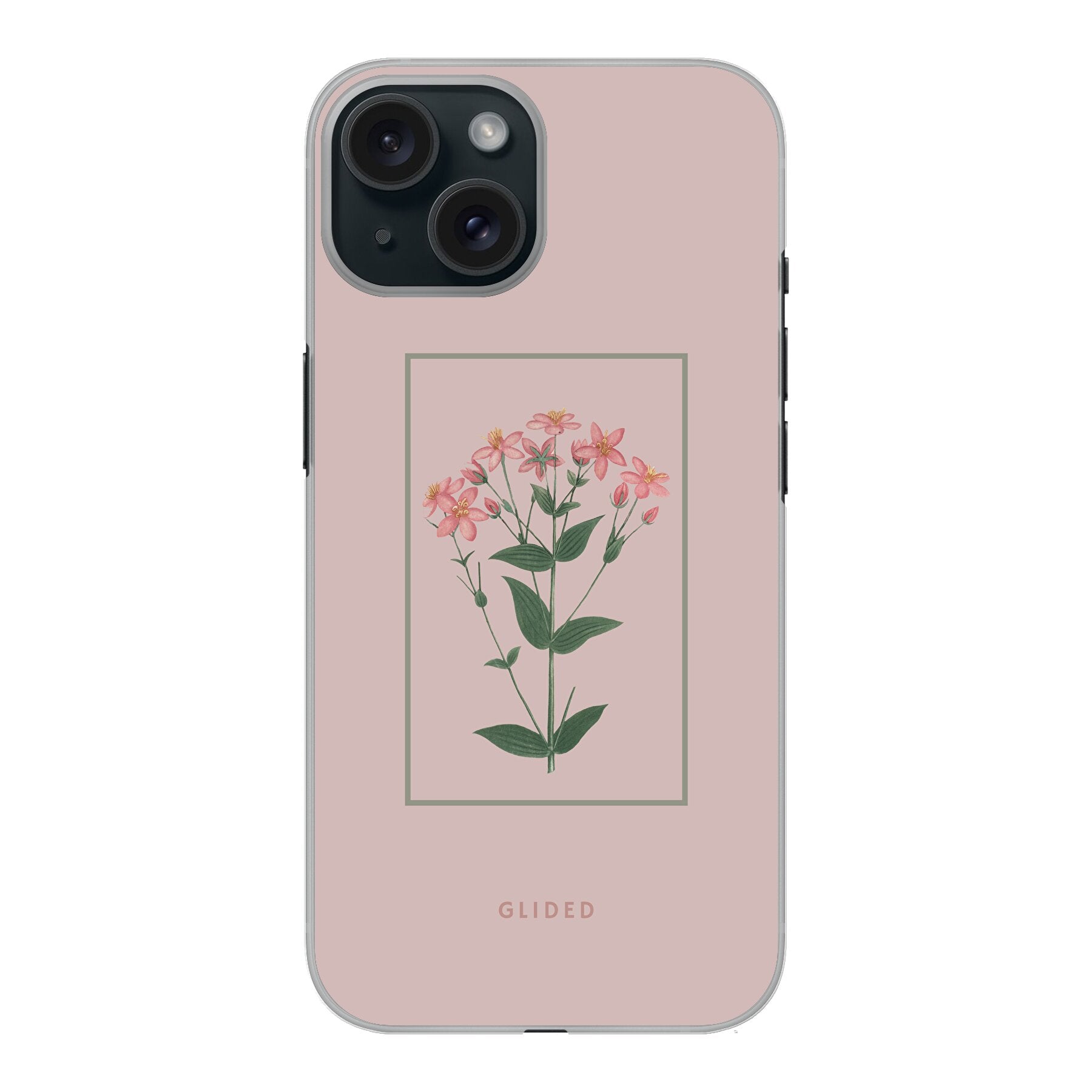 Blossy iPhone 15 Handyhülle mit rosafarbenen Blumen auf beigem Hintergrund, stilvoll und schützend.