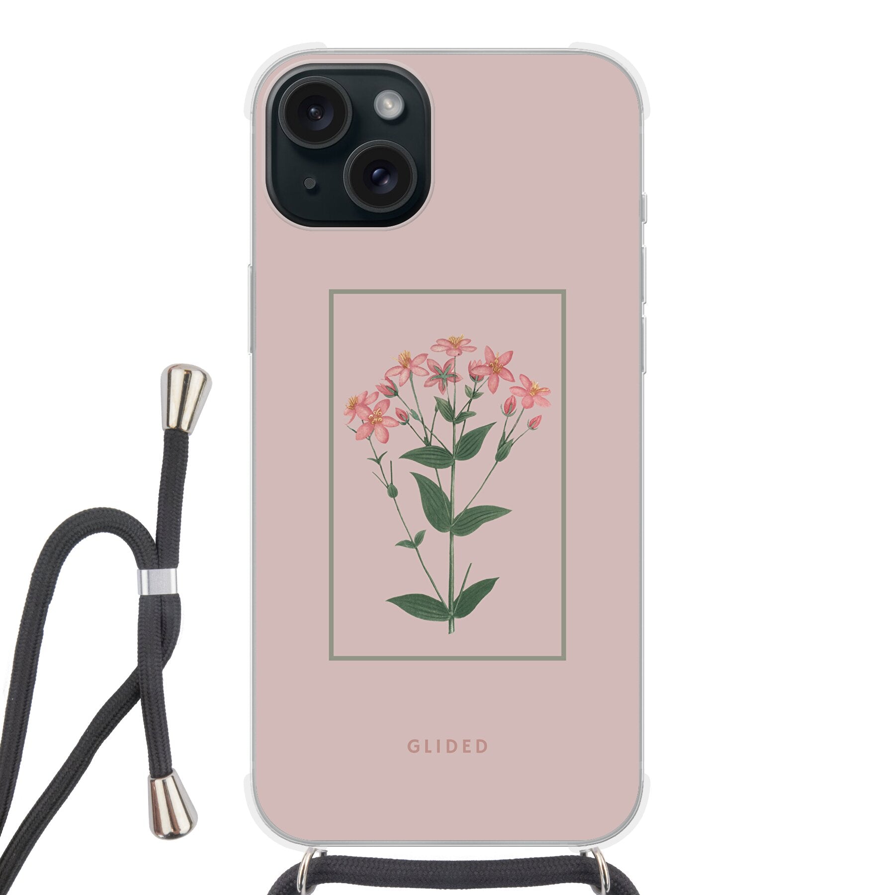 Blossy iPhone 15 Plus Handyhülle mit rosafarbenen Blumen auf beigem Hintergrund, stilvoll und schützend.