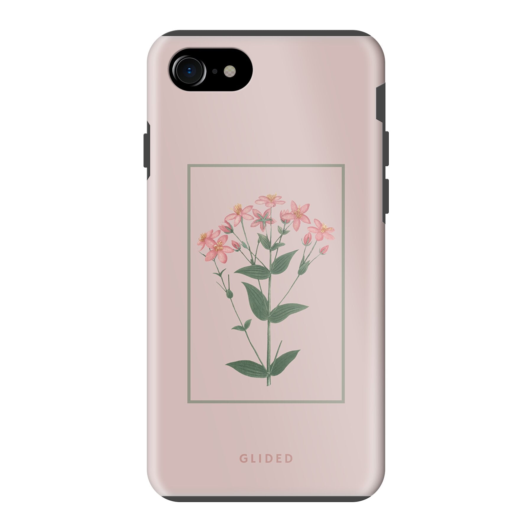 Blossy iPhone 8 Handyhülle mit rosafarbenen Blumen auf beigem Hintergrund, stilvoll und schützend.