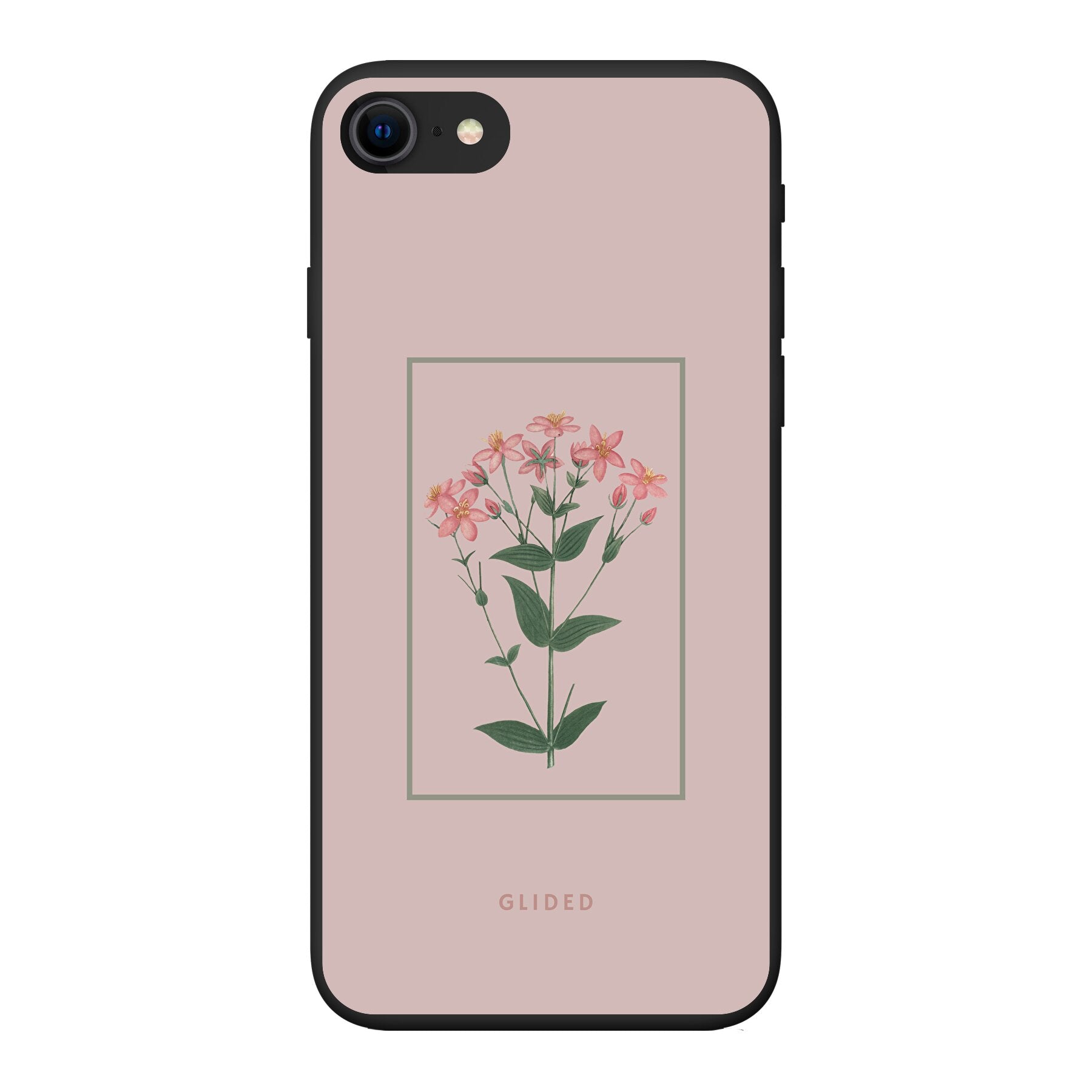 Blossy iPhone 8 Handyhülle mit rosafarbenen Blumen auf beigem Hintergrund, stilvoll und schützend.