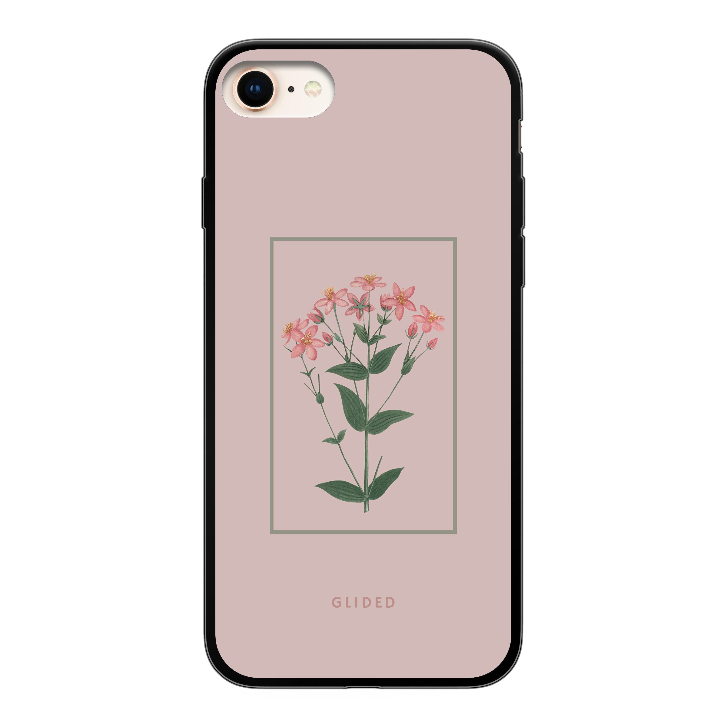 Blossy iPhone 8 Handyhülle mit rosafarbenen Blumen auf beigem Hintergrund, stilvoll und schützend.