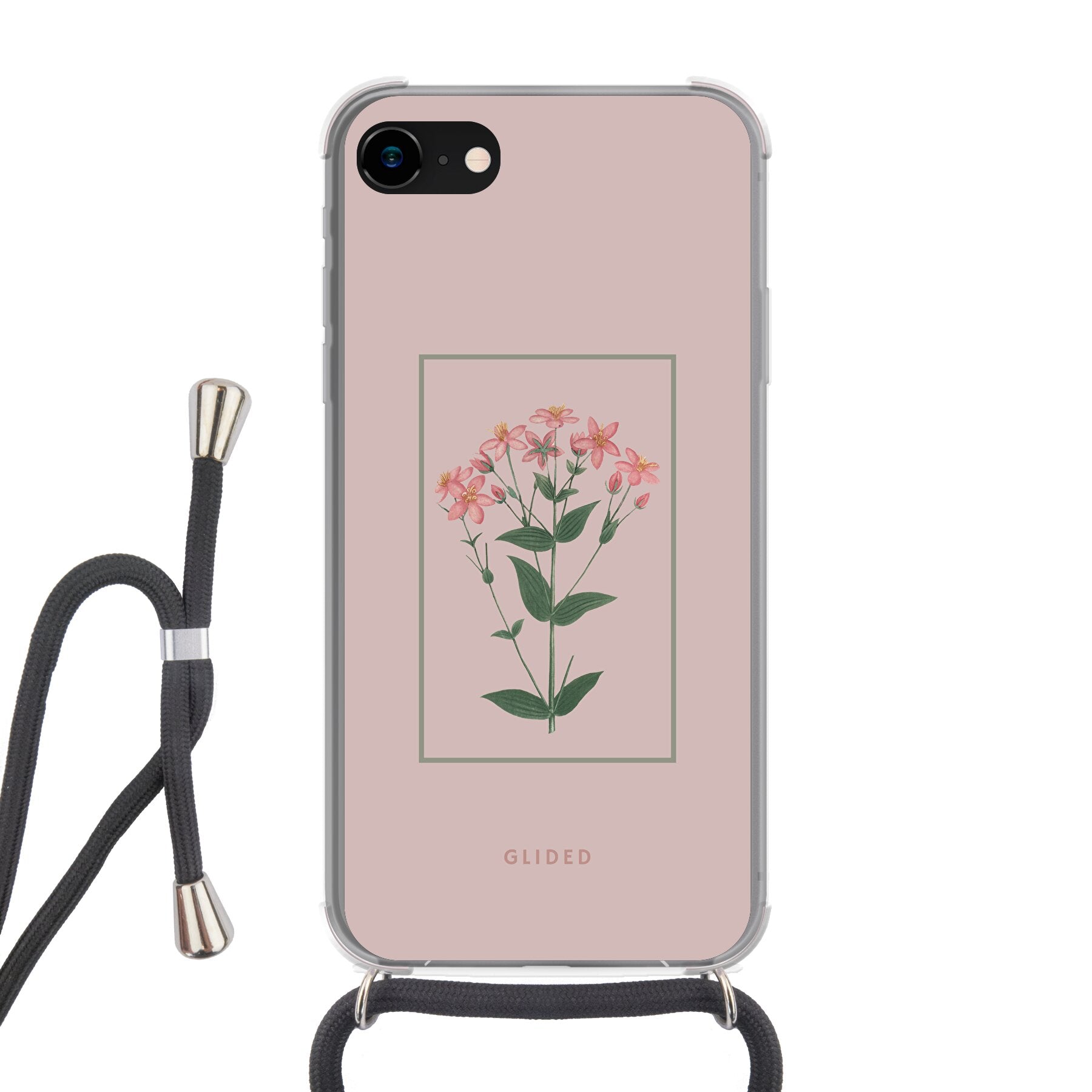 Blossy iPhone 8 Handyhülle mit rosafarbenen Blumen auf beigem Hintergrund, stilvoll und schützend.