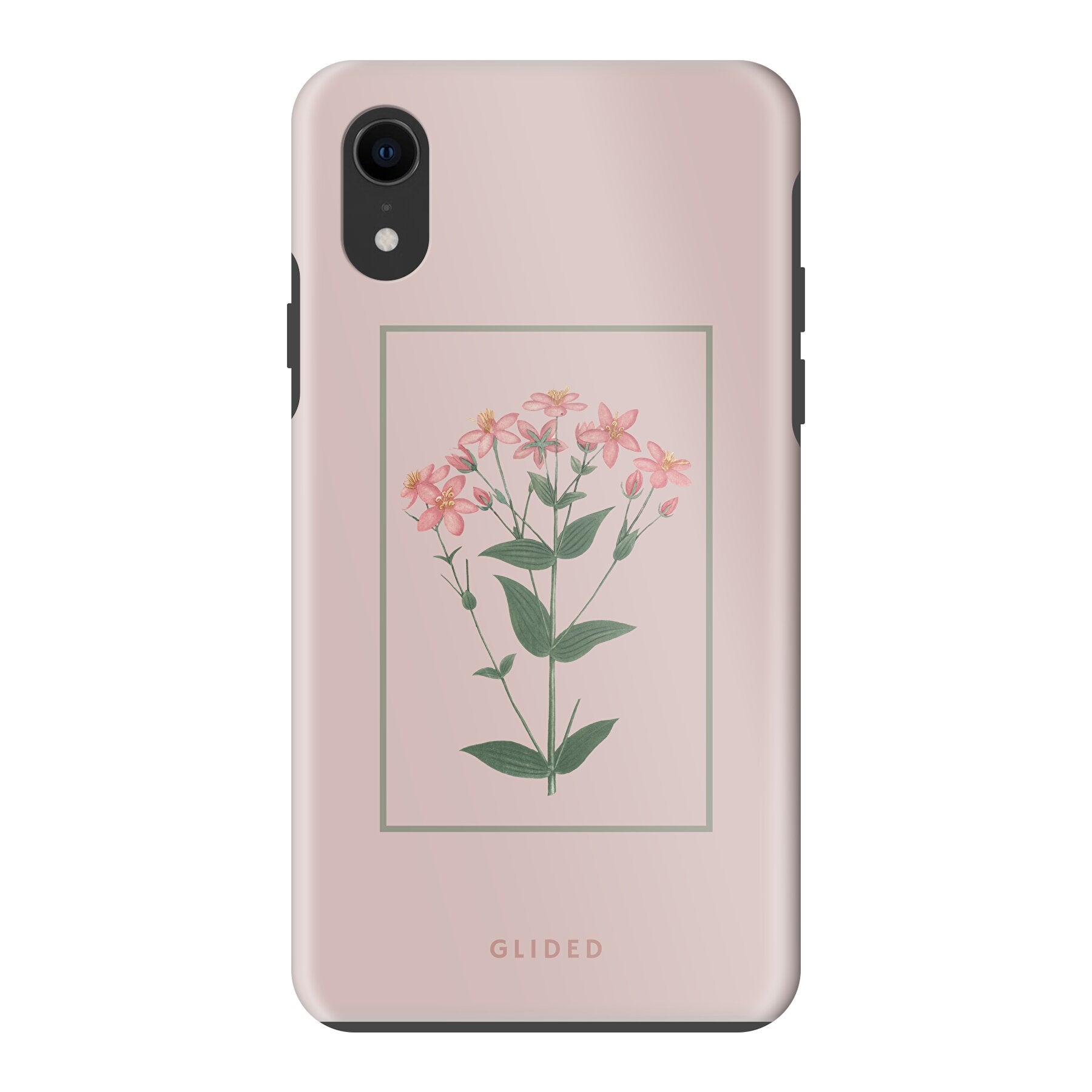 Blossy iPhone XR Handyhülle mit rosafarbenen Blumen auf beigem Hintergrund, stilvoll und schützend.