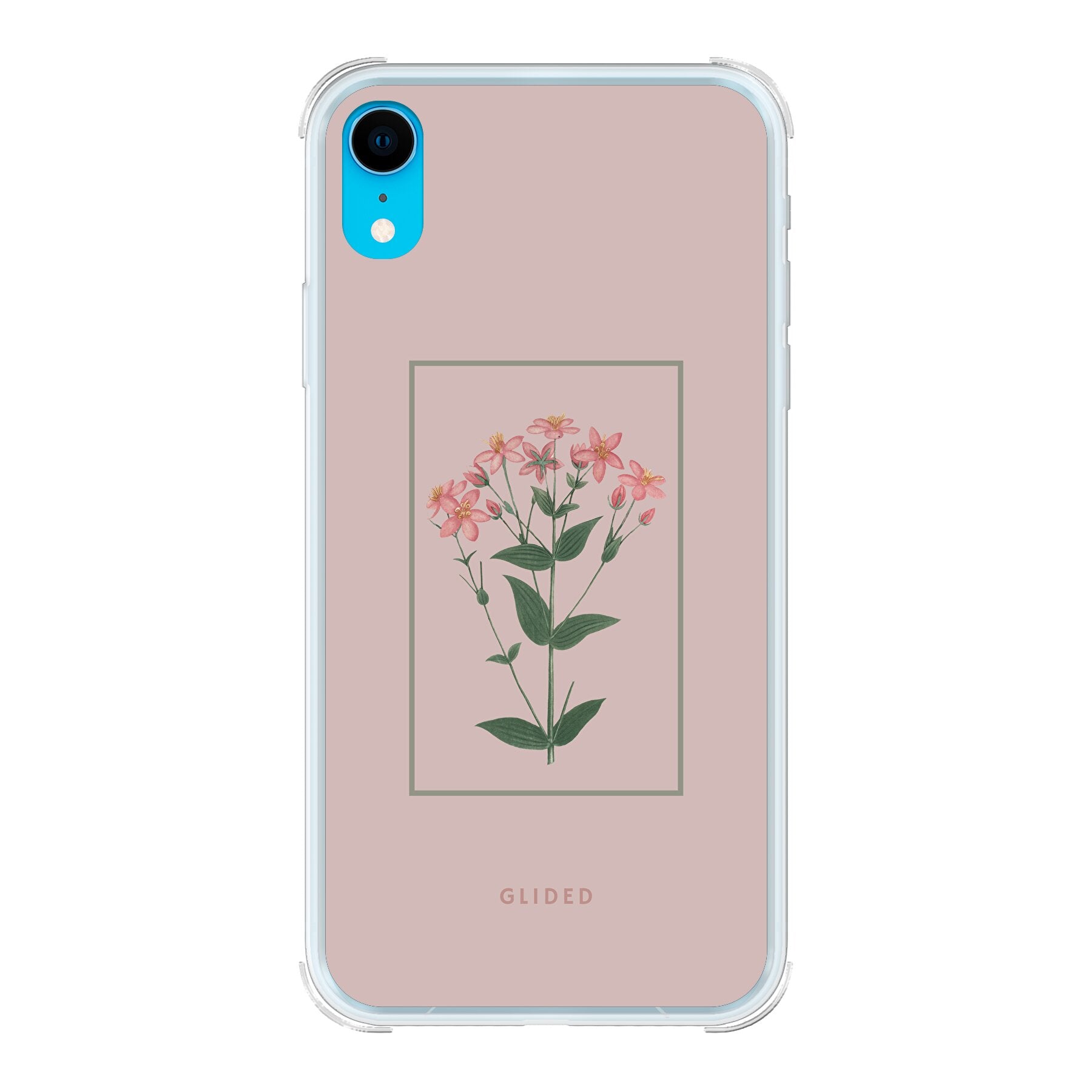 Blossy iPhone XR Handyhülle mit rosafarbenen Blumen auf beigem Hintergrund, stilvoll und schützend.