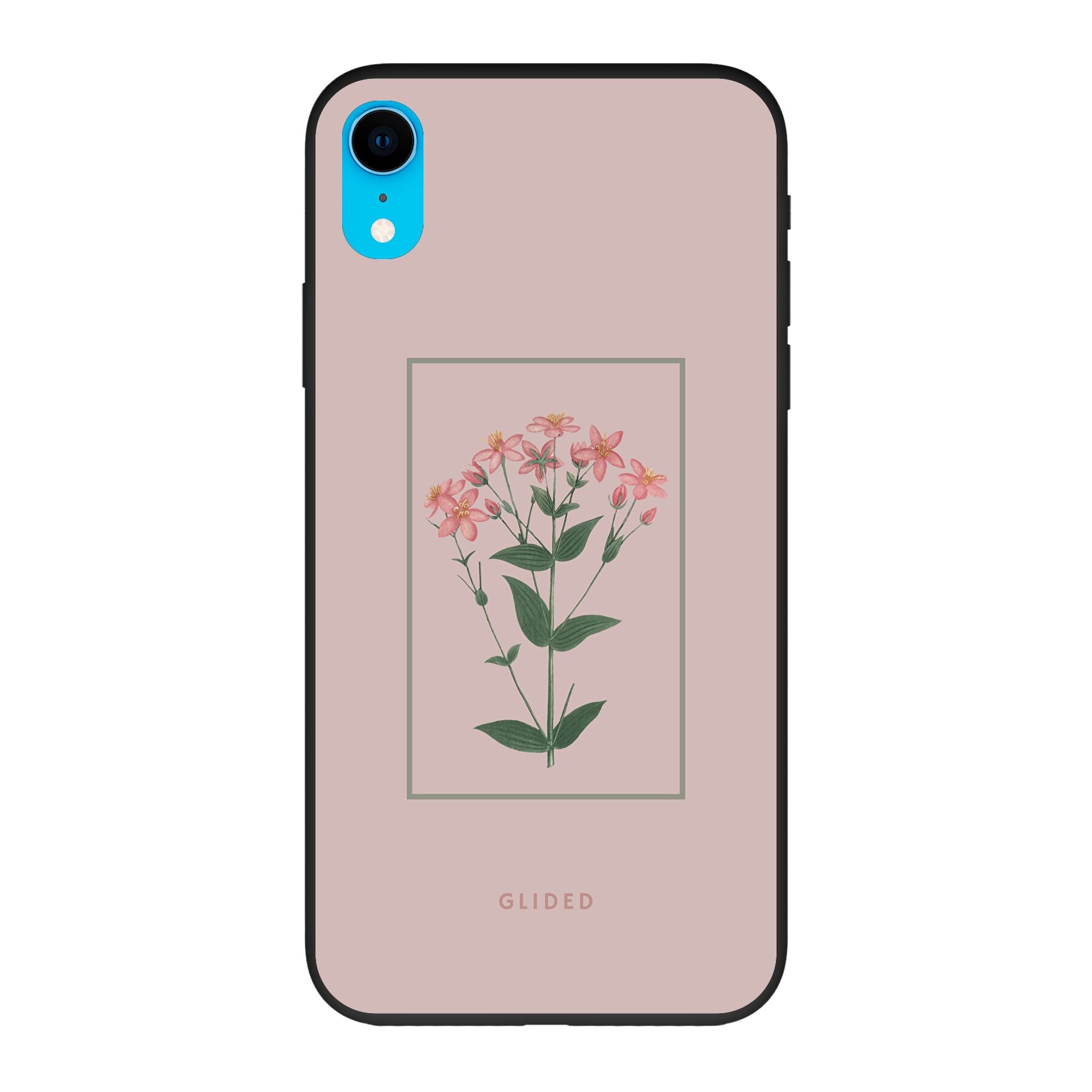 Blossy iPhone XR Handyhülle mit rosafarbenen Blumen auf beigem Hintergrund, stilvoll und schützend.