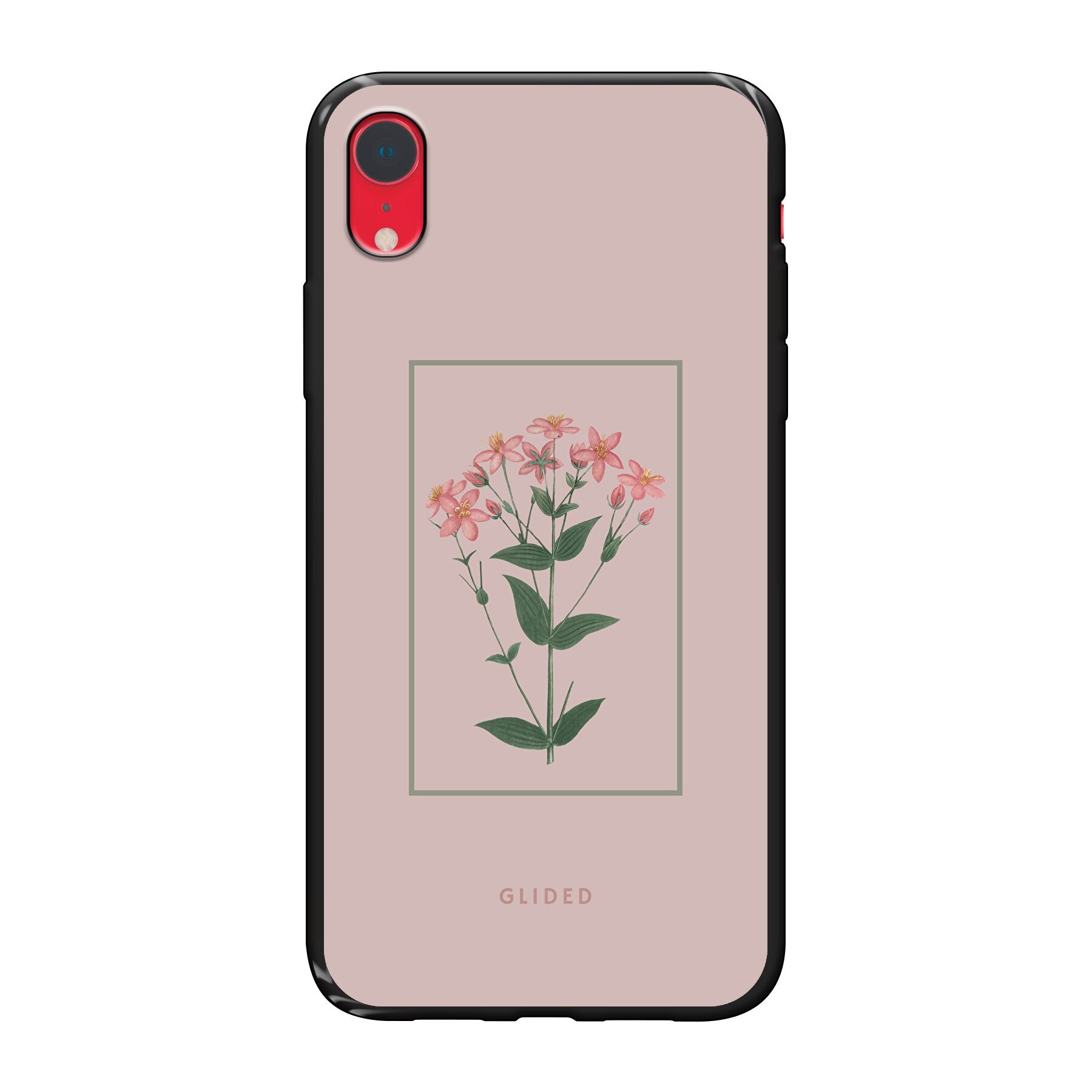 Blossy iPhone XR Handyhülle mit rosafarbenen Blumen auf beigem Hintergrund, stilvoll und schützend.