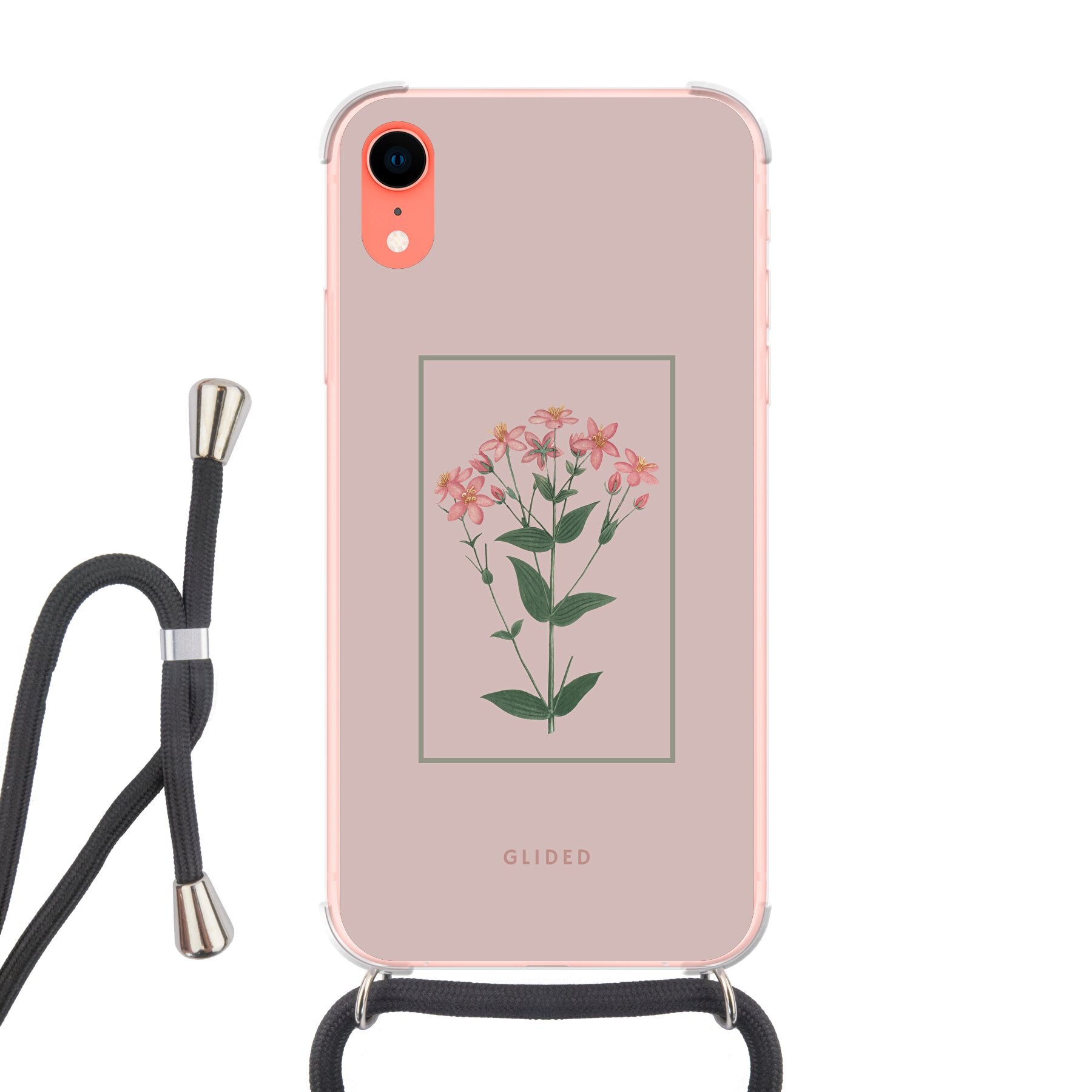 Blossy iPhone XR Handyhülle mit rosafarbenen Blumen auf beigem Hintergrund, stilvoll und schützend.