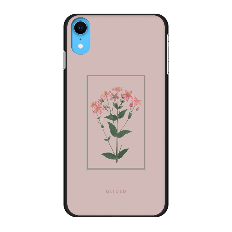 Blossy iPhone XR Handyhülle mit rosafarbenen Blumen auf beigem Hintergrund, stilvoll und schützend.