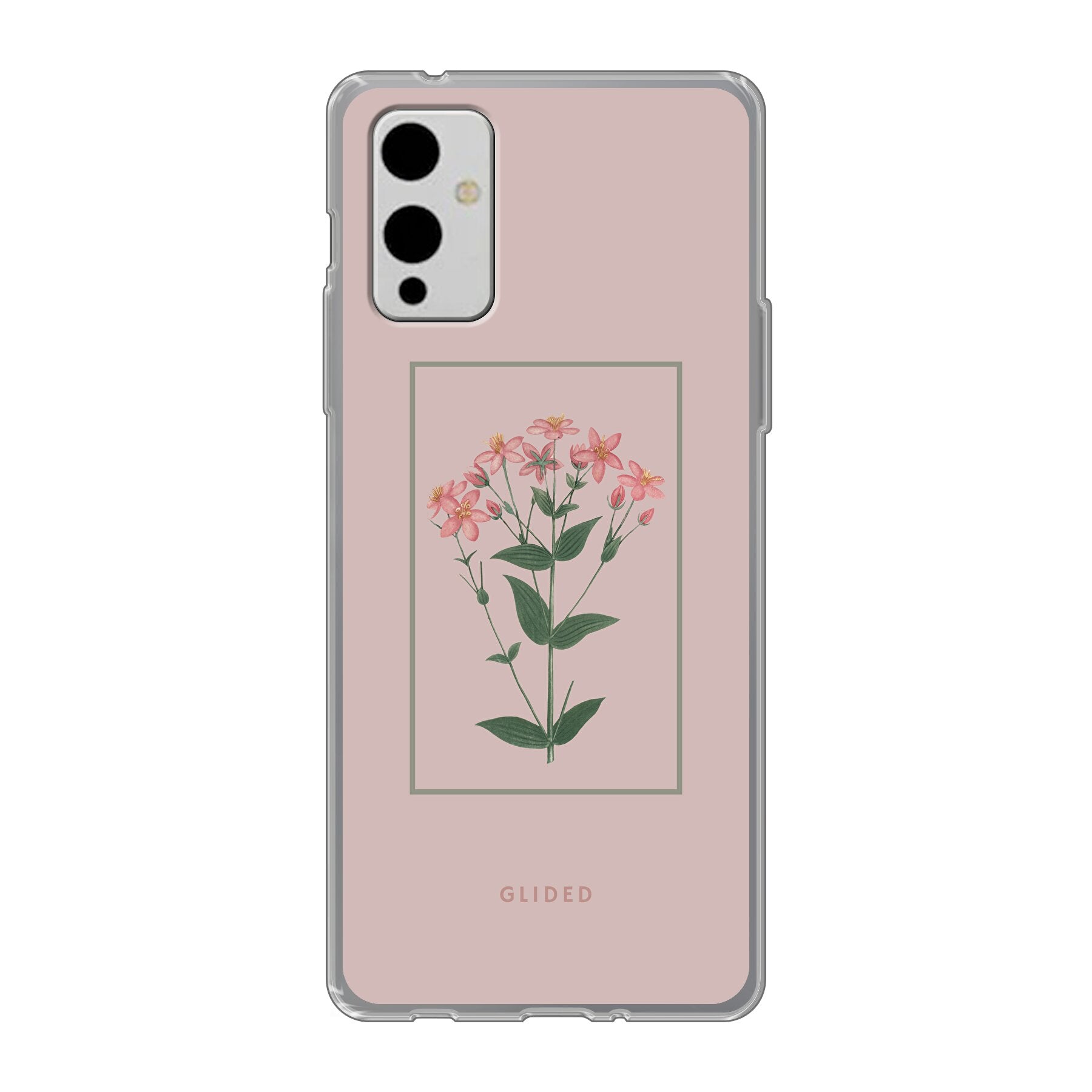 Blossy OnePlus 9 Handyhülle mit rosafarbenen Blumen auf beigem Hintergrund, stilvoll und schützend.