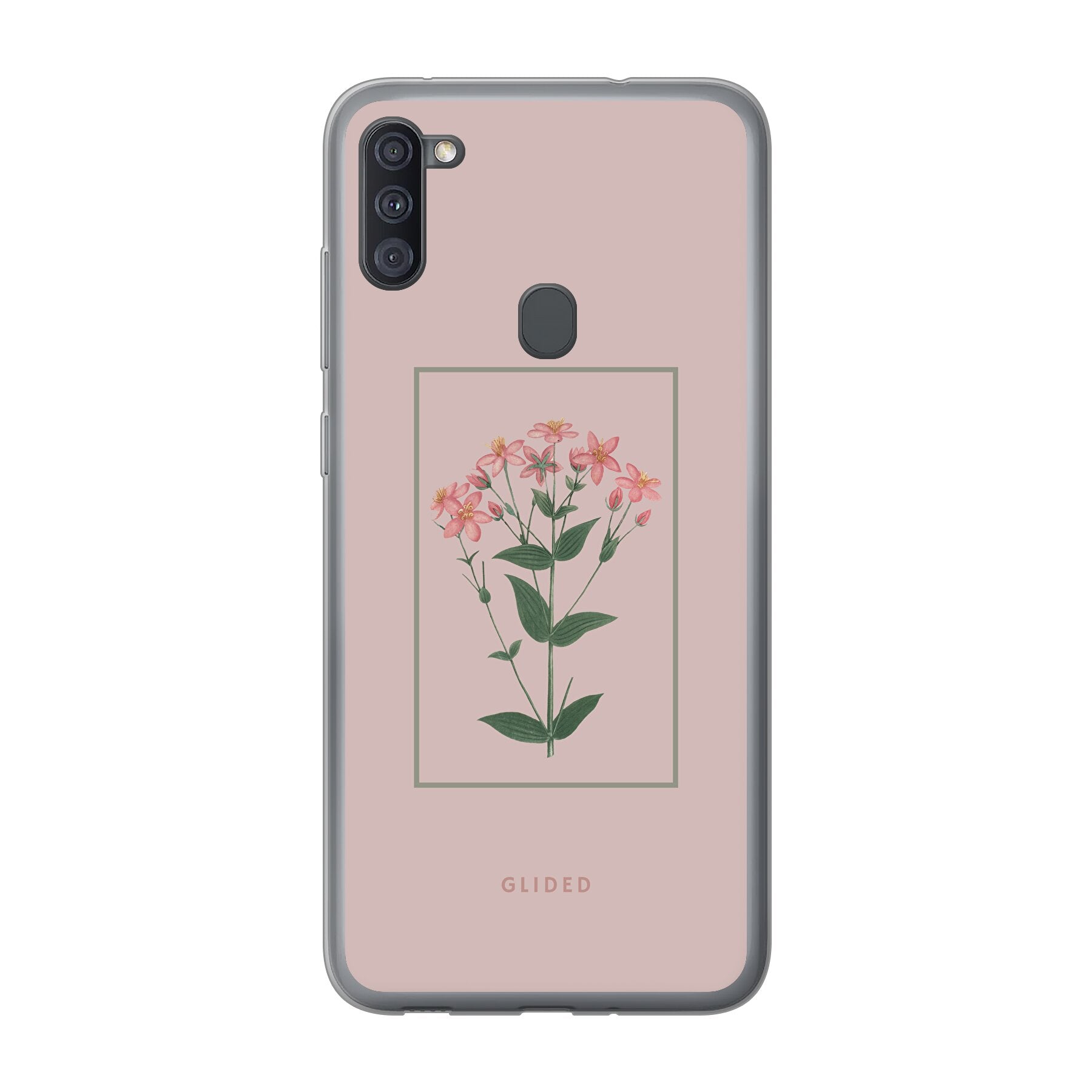 Blossy Samsung Galaxy A11 Handyhülle mit rosafarbenen Blumen auf beigem Hintergrund, stilvoll und schützend.